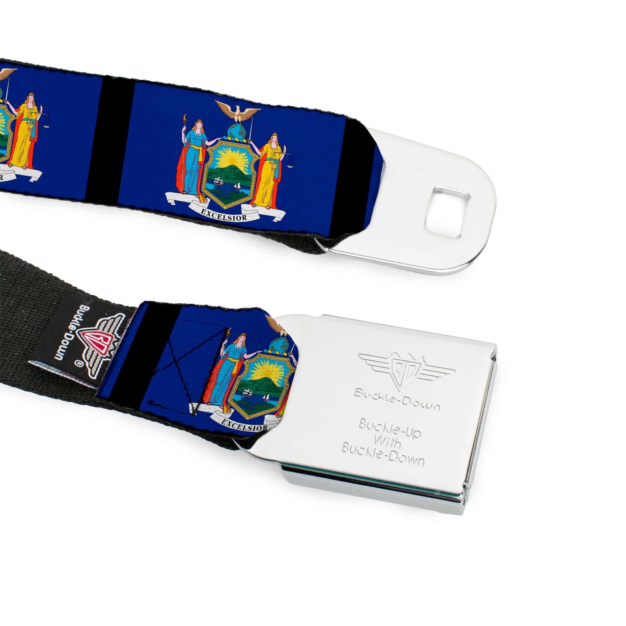 BD Wings Logo CLOSE-UP Full Color Black Silver Seatbelt Belt - New York Flags/Black Webbing Seatbelt Belts Buckle-Down
