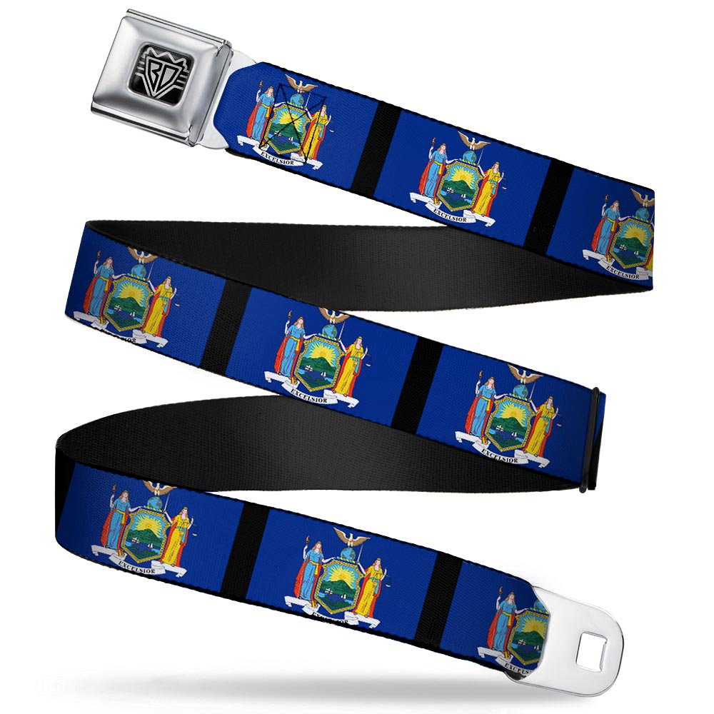 BD Wings Logo CLOSE-UP Full Color Black Silver Seatbelt Belt - New York Flags/Black Webbing Seatbelt Belts Buckle-Down