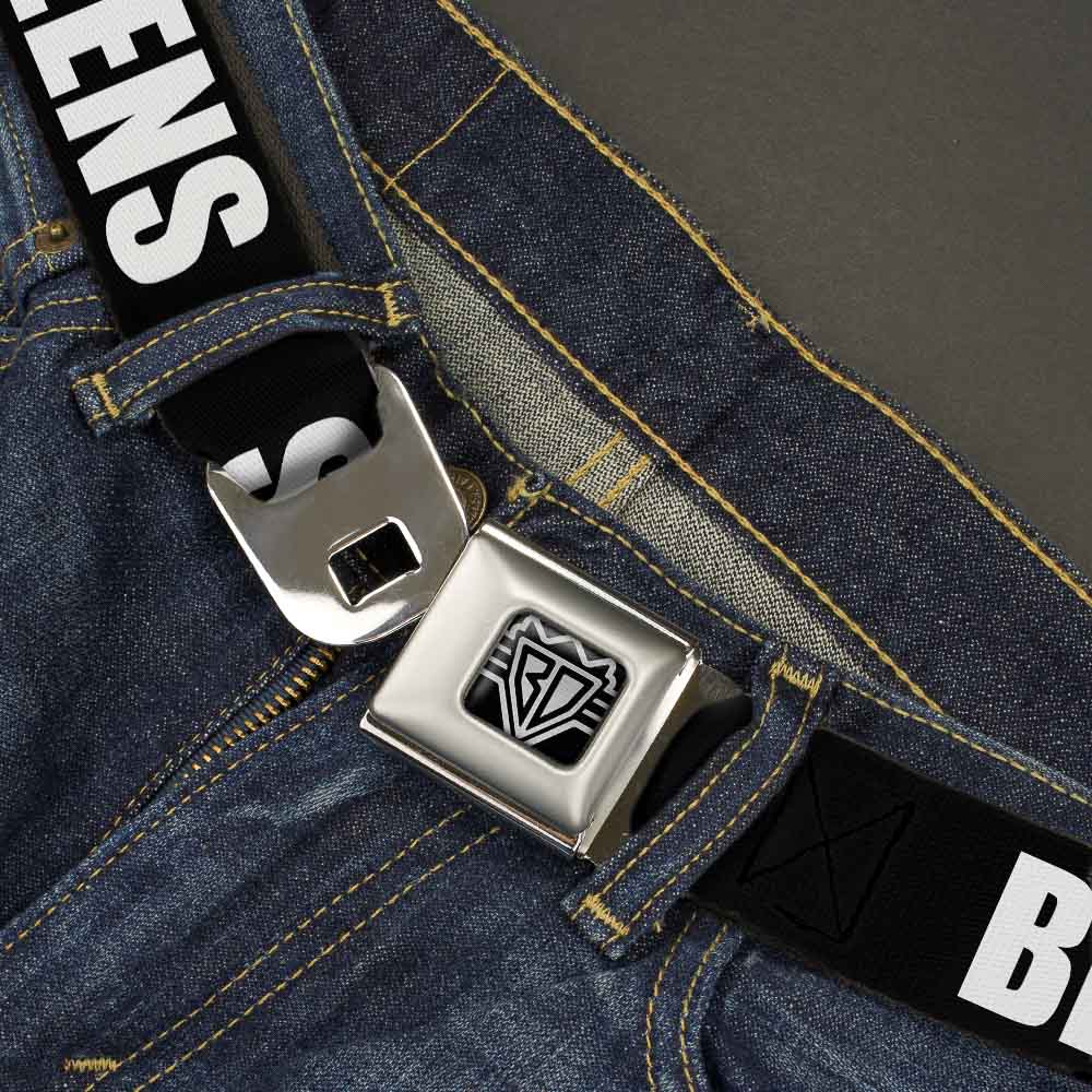 BD Wings Logo CLOSE-UP Full Color Black Silver Seatbelt Belt - New York's Five Burroughs Bold Black/White Webbing Seatbelt Belts Buckle-Down