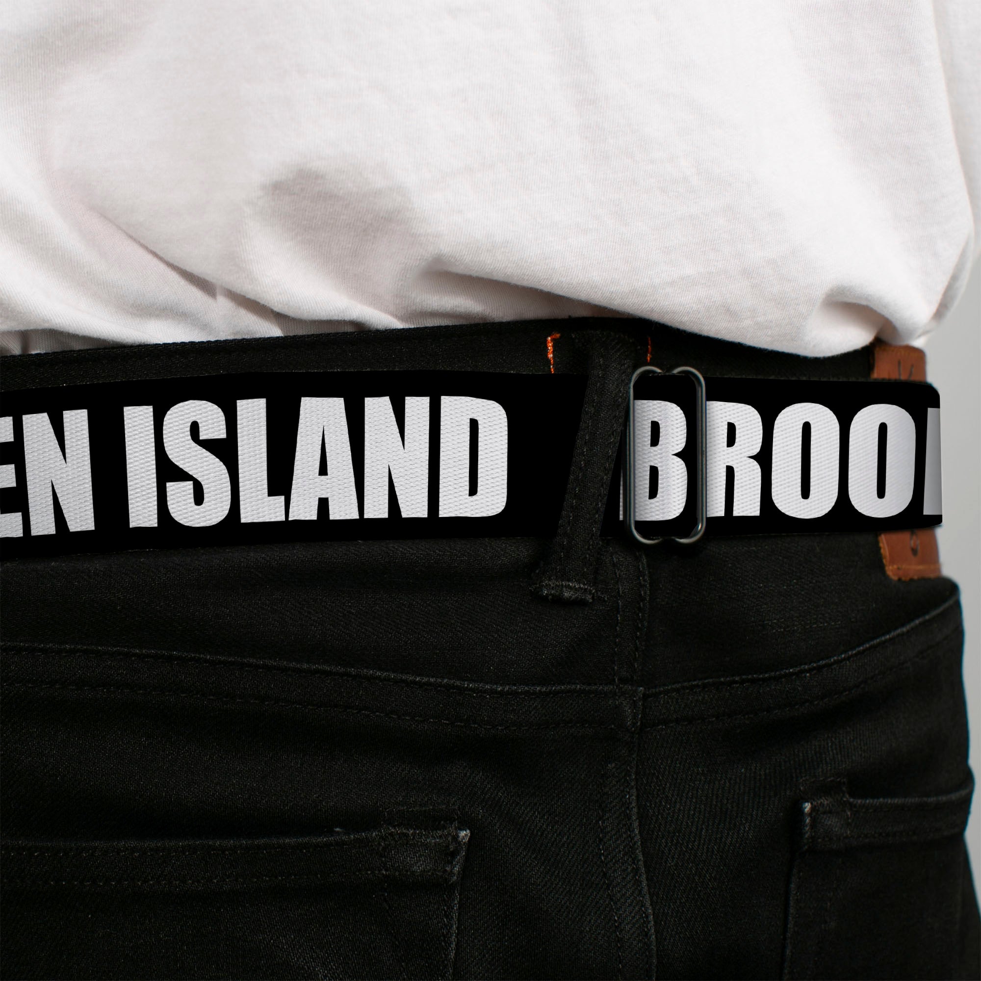 BD Wings Logo CLOSE-UP Full Color Black Silver Seatbelt Belt - New York's Five Burroughs Bold Black/White Webbing Seatbelt Belts Buckle-Down