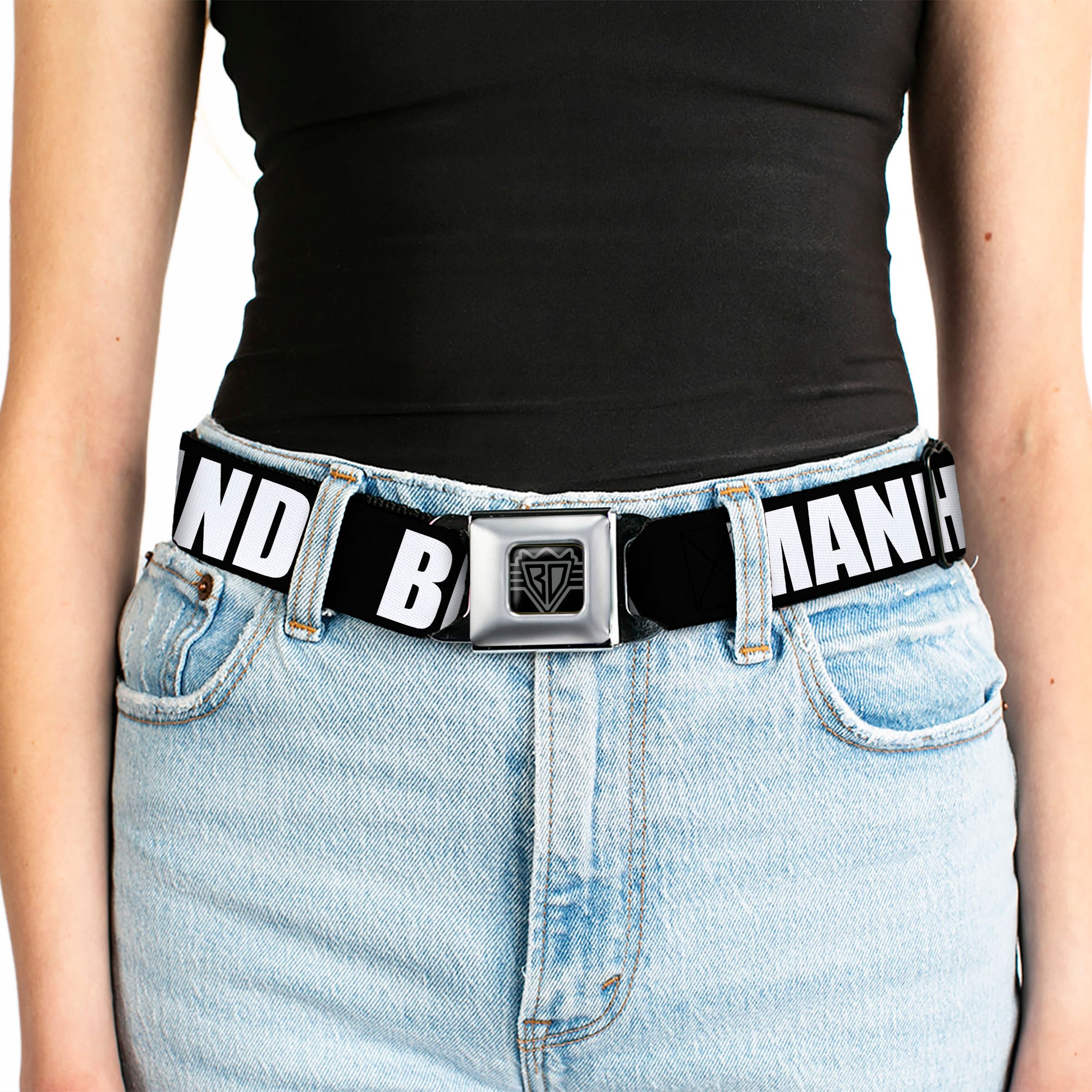 BD Wings Logo CLOSE-UP Full Color Black Silver Seatbelt Belt - New York's Five Burroughs Bold Black/White Webbing Seatbelt Belts Buckle-Down