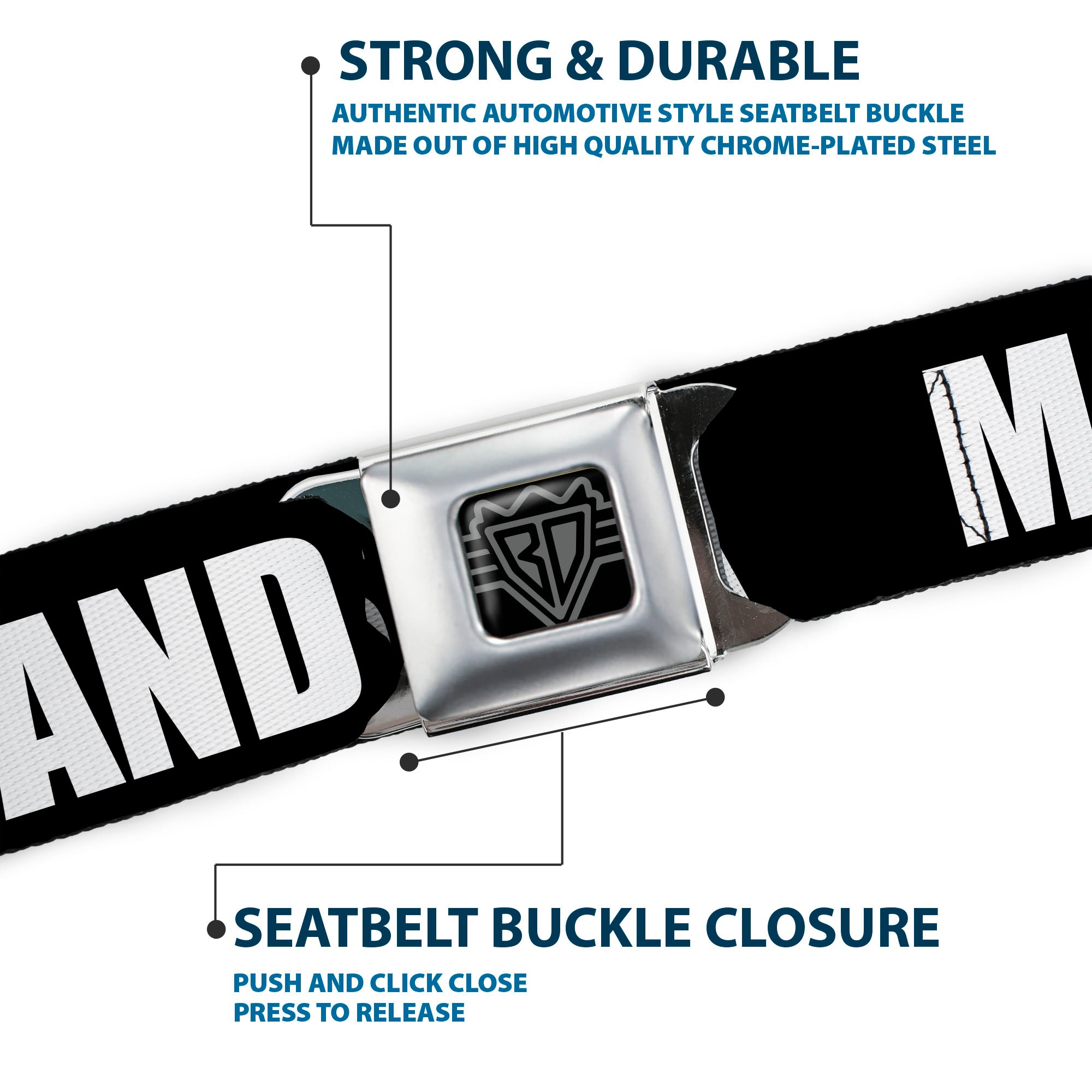 BD Wings Logo CLOSE-UP Full Color Black Silver Seatbelt Belt - New York's Five Burroughs Bold Black/White Webbing Seatbelt Belts Buckle-Down