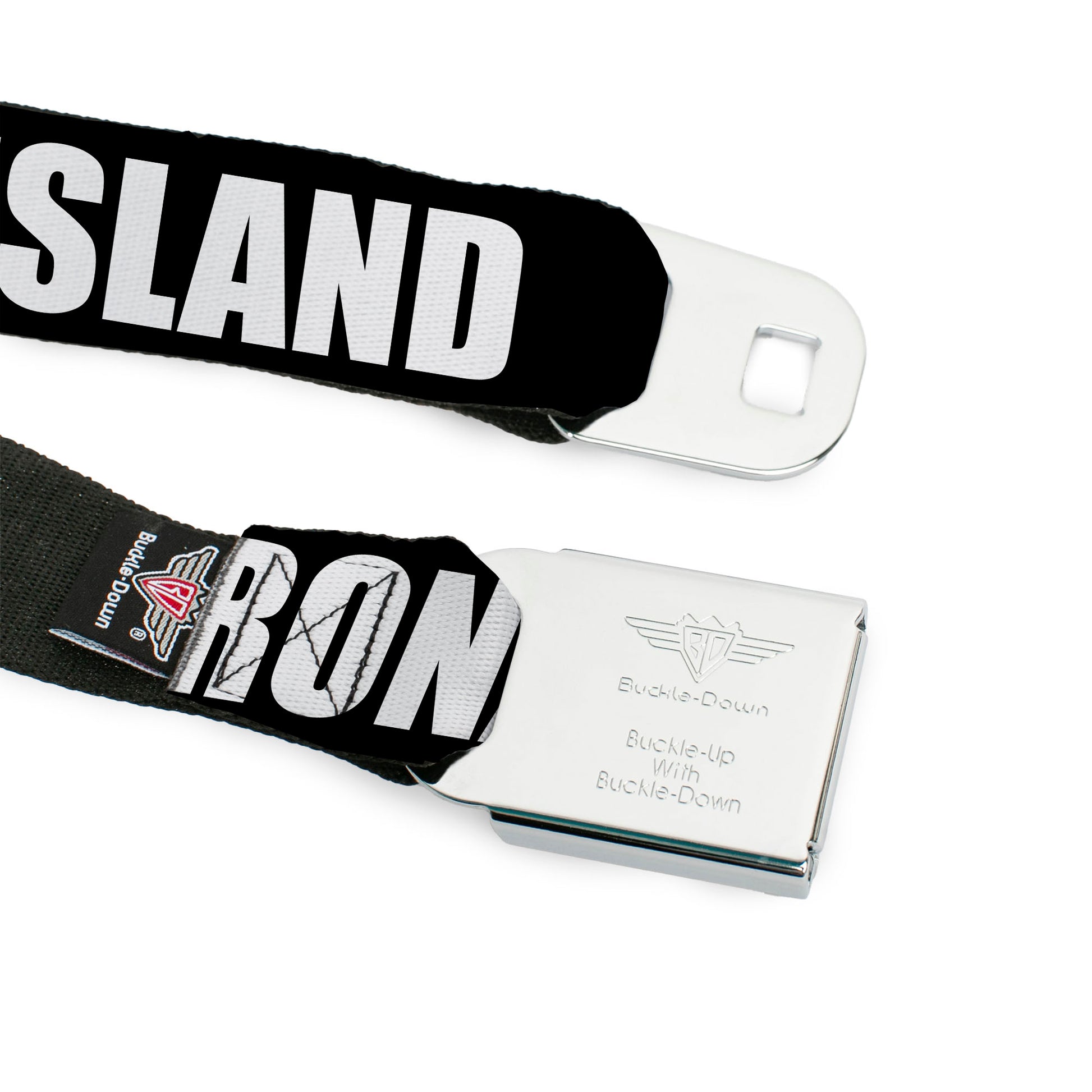 BD Wings Logo CLOSE-UP Full Color Black Silver Seatbelt Belt - New York's Five Burroughs Bold Black/White Webbing Seatbelt Belts Buckle-Down