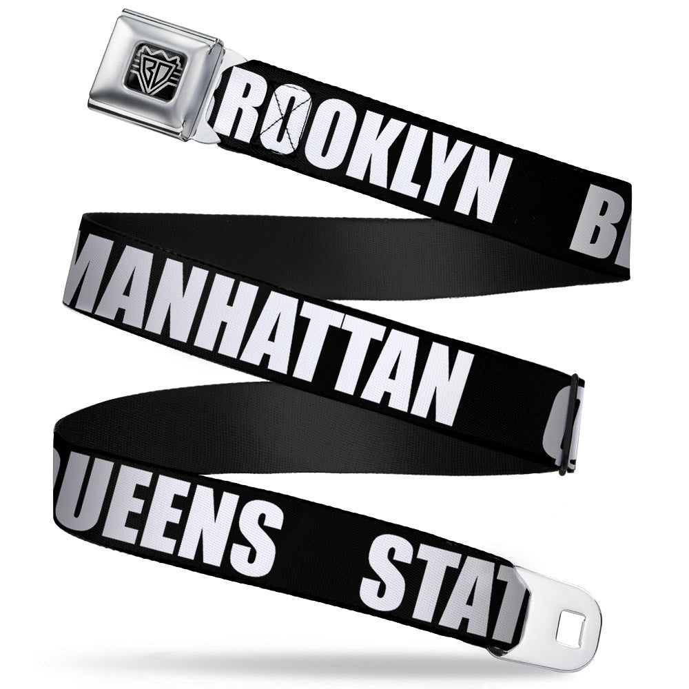 BD Wings Logo CLOSE-UP Full Color Black Silver Seatbelt Belt - New York's Five Burroughs Bold Black/White Webbing Seatbelt Belts Buckle-Down