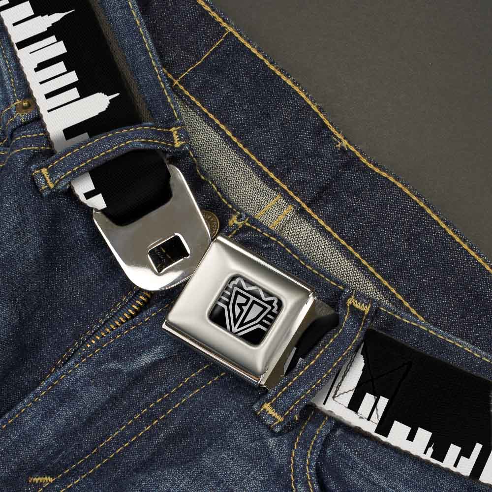 BD Wings Logo CLOSE-UP Full Color Black Silver Seatbelt Belt - New York Solid Skyline Black/White Webbing Seatbelt Belts Buckle-Down