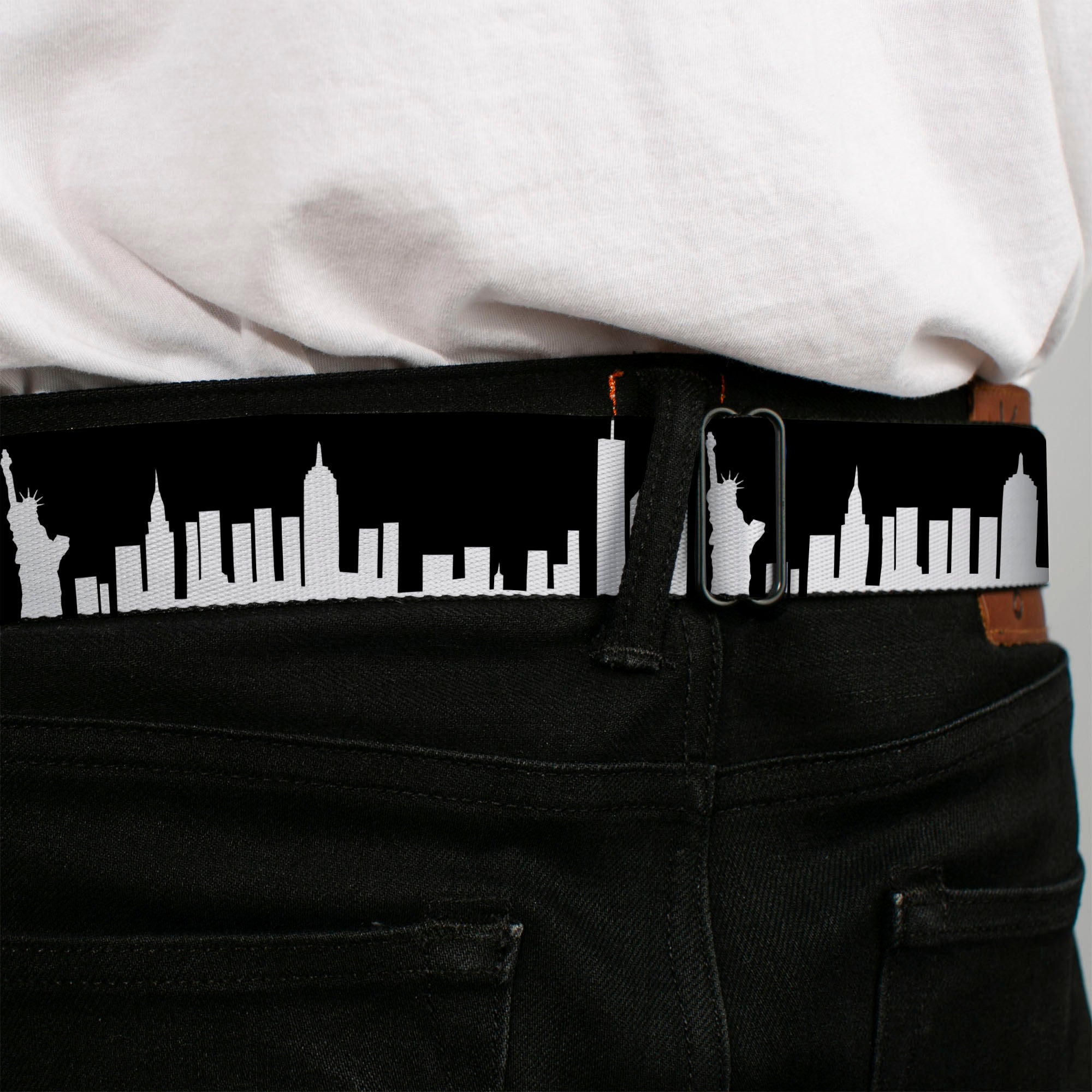 BD Wings Logo CLOSE-UP Full Color Black Silver Seatbelt Belt - New York Solid Skyline Black/White Webbing Seatbelt Belts Buckle-Down