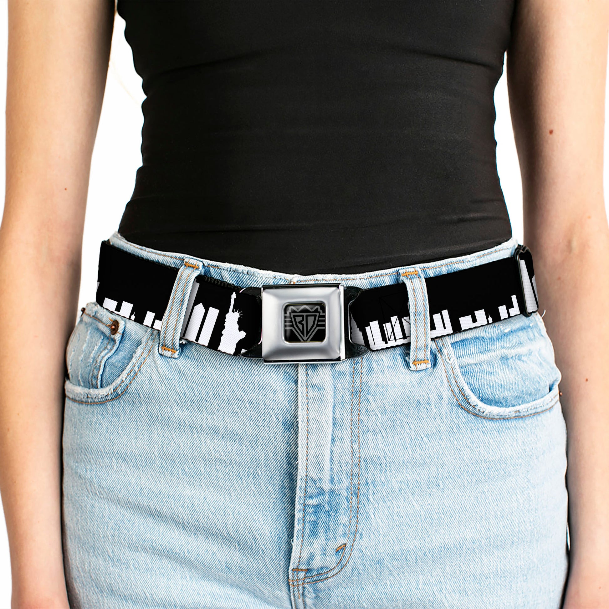 BD Wings Logo CLOSE-UP Full Color Black Silver Seatbelt Belt - New York Solid Skyline Black/White Webbing Seatbelt Belts Buckle-Down
