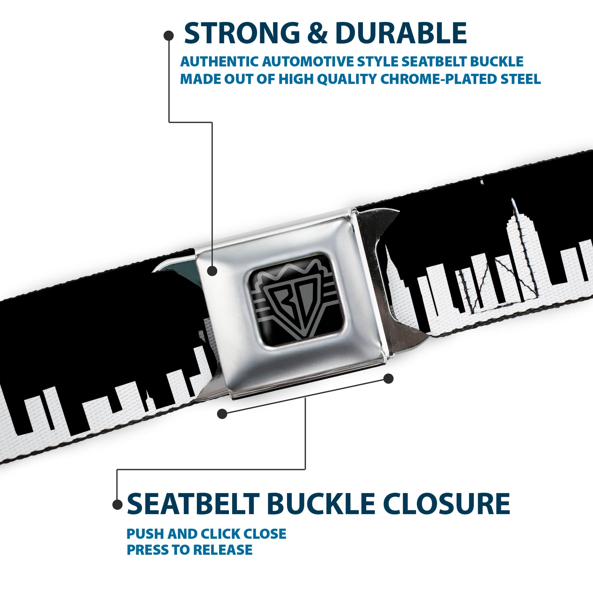 BD Wings Logo CLOSE-UP Full Color Black Silver Seatbelt Belt - New York Solid Skyline Black/White Webbing Seatbelt Belts Buckle-Down