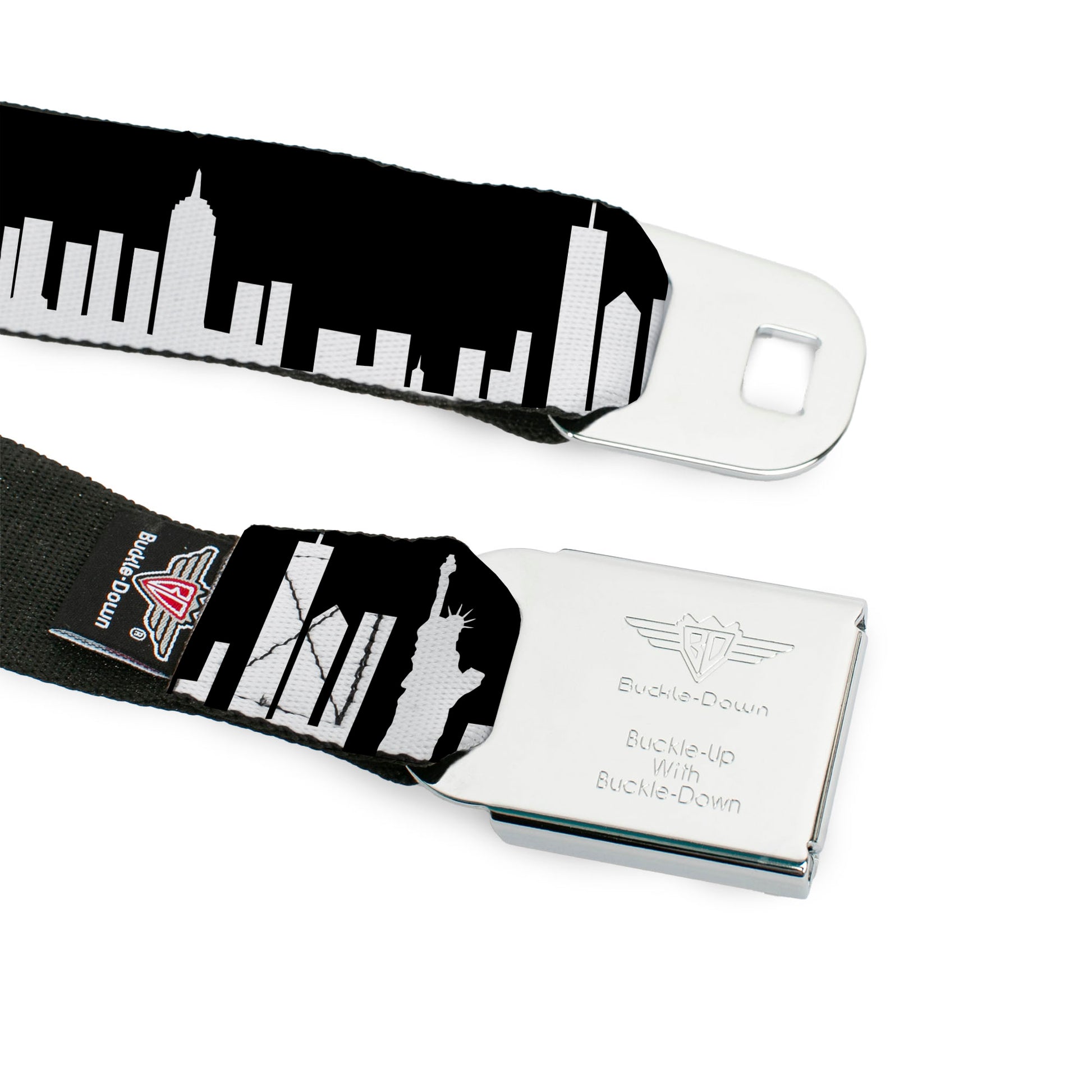 BD Wings Logo CLOSE-UP Full Color Black Silver Seatbelt Belt - New York Solid Skyline Black/White Webbing Seatbelt Belts Buckle-Down