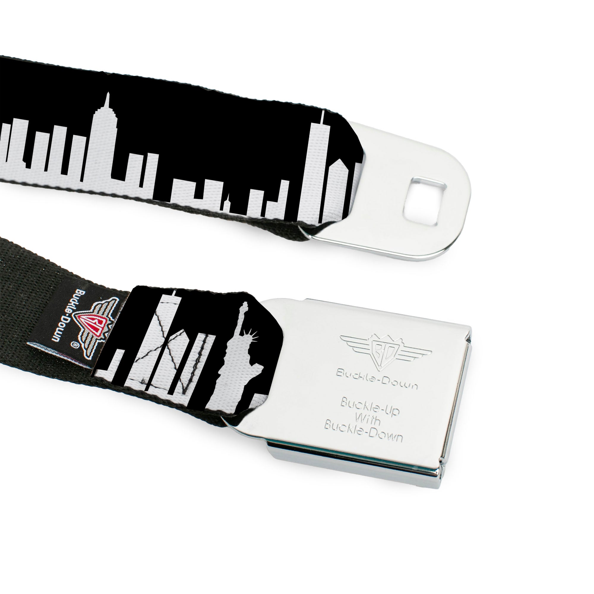 BD Wings Logo CLOSE-UP Full Color Black Silver Seatbelt Belt - New York Solid Skyline Black/White Webbing Seatbelt Belts Buckle-Down