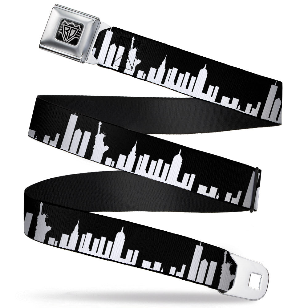 BD Wings Logo CLOSE-UP Full Color Black Silver Seatbelt Belt - New York Solid Skyline Black/White Webbing Seatbelt Belts Buckle-Down