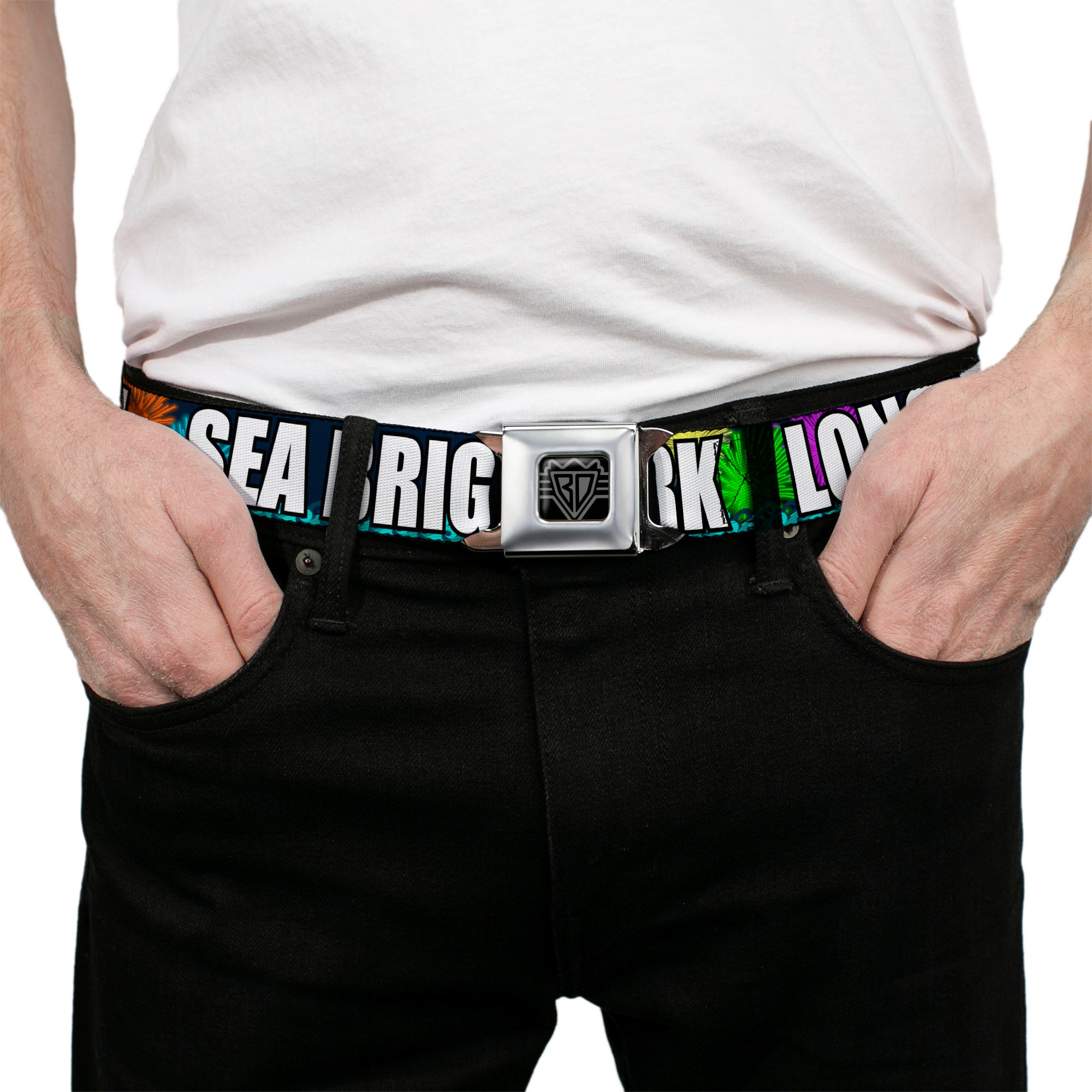 BD Wings Logo CLOSE-UP Full Color Black Silver Seatbelt Belt - New Jersey Shore Towns Black/Multi Color/White Webbing Seatbelt Belts Buckle-Down