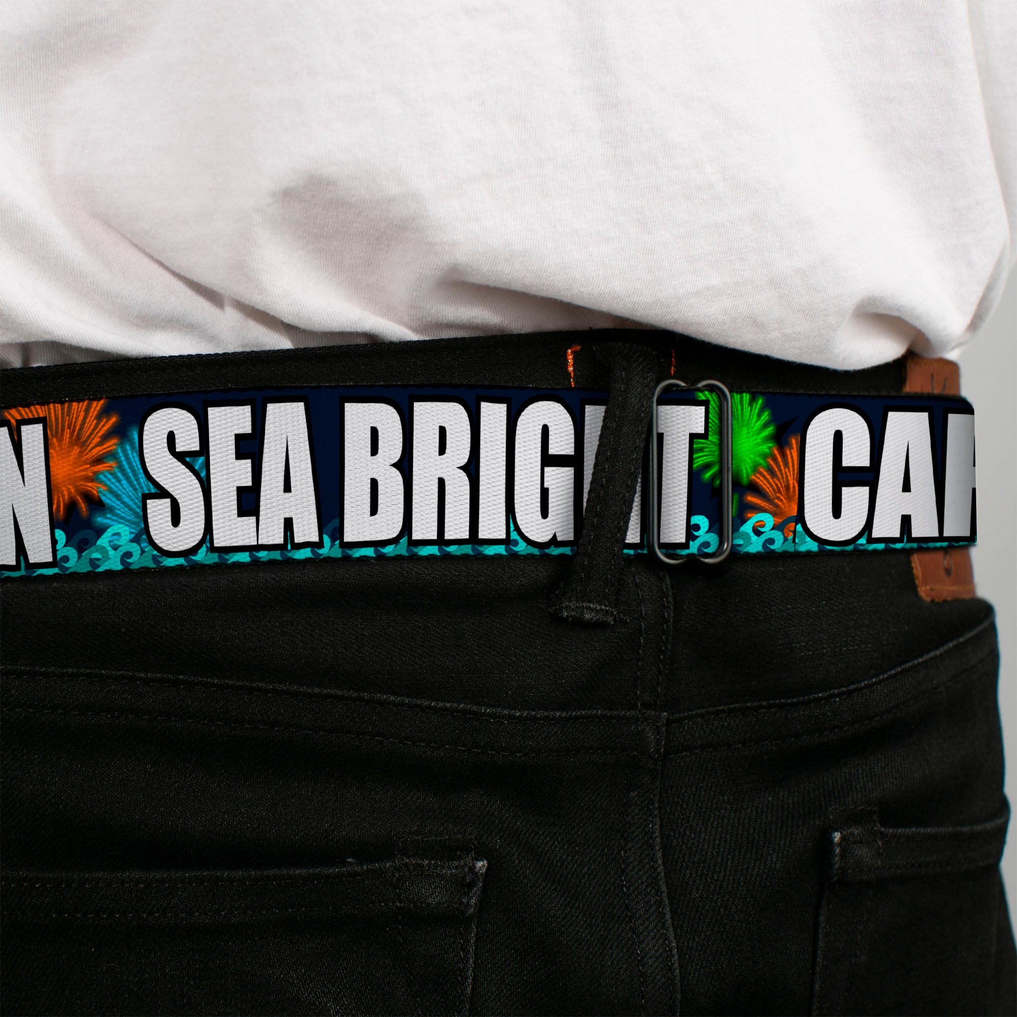 BD Wings Logo CLOSE-UP Full Color Black Silver Seatbelt Belt - New Jersey Shore Towns Black/Multi Color/White Webbing Seatbelt Belts Buckle-Down