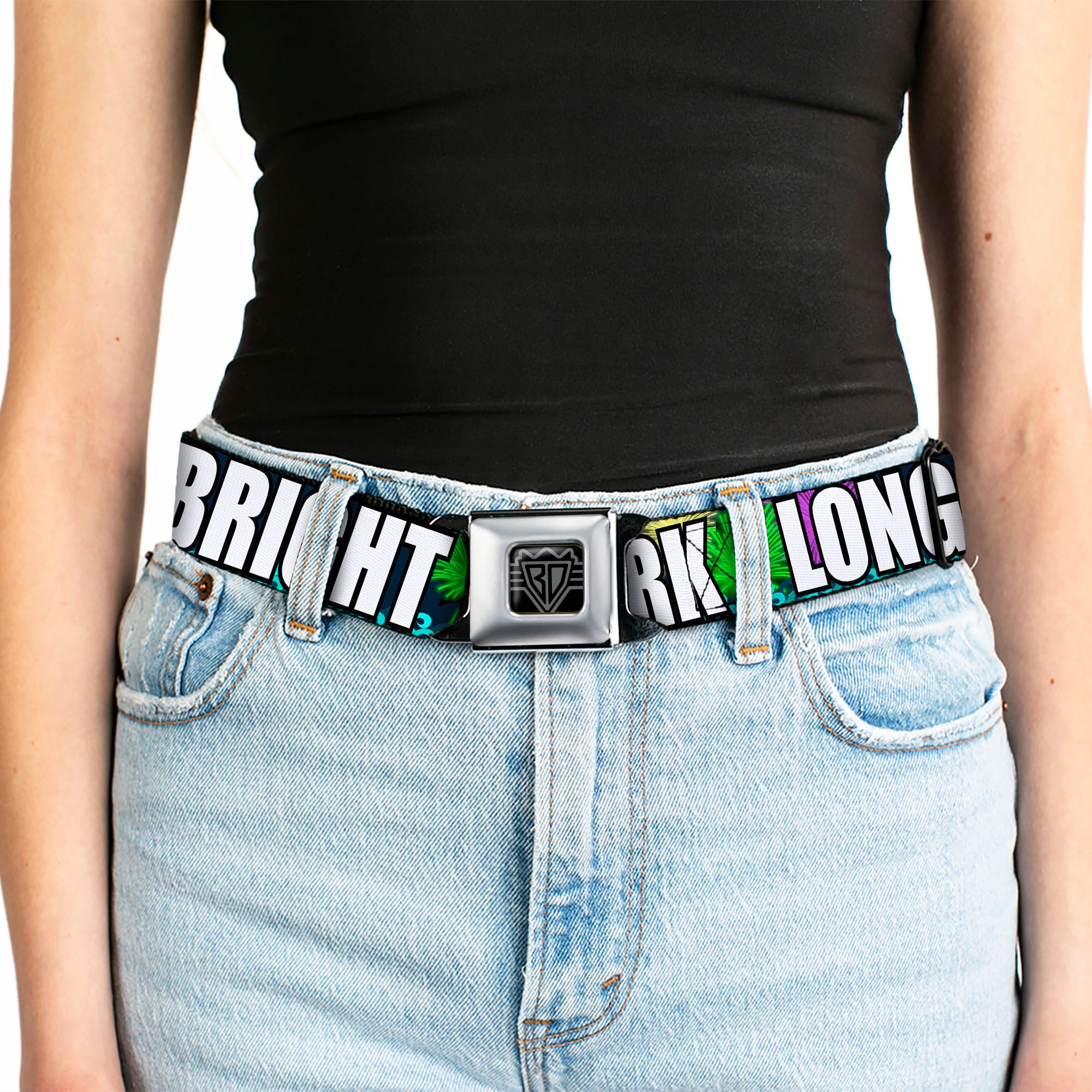 BD Wings Logo CLOSE-UP Full Color Black Silver Seatbelt Belt - New Jersey Shore Towns Black/Multi Color/White Webbing Seatbelt Belts Buckle-Down