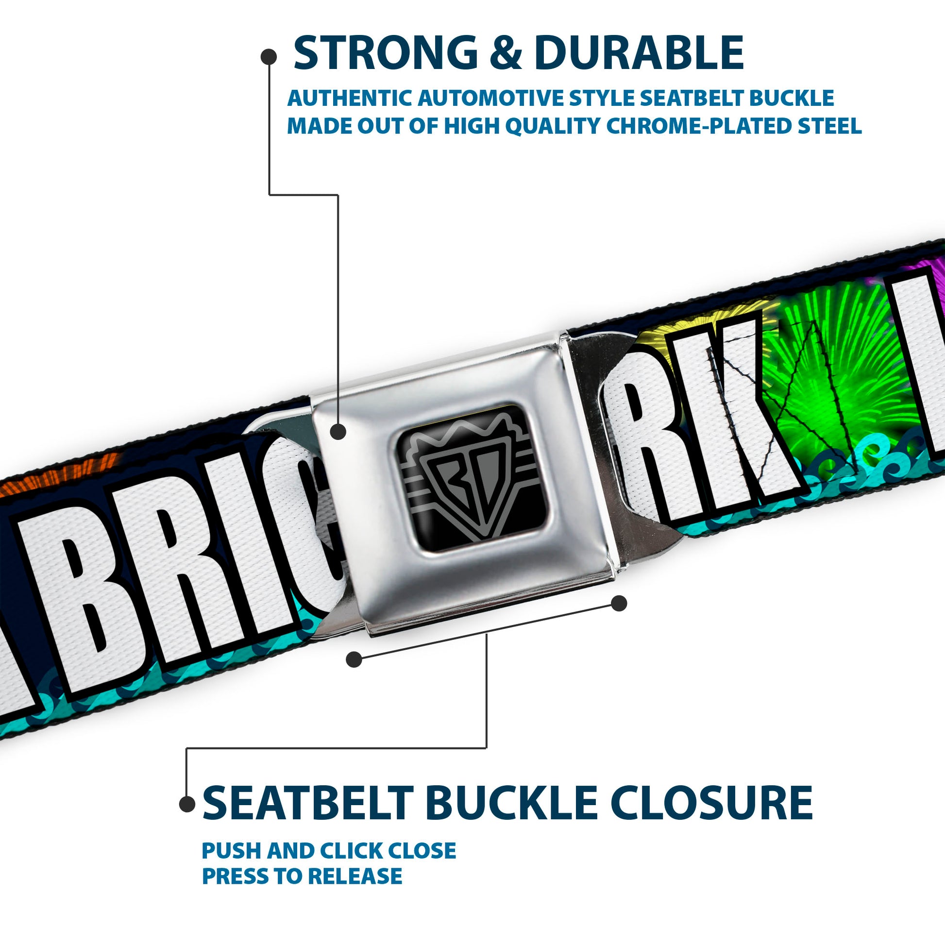 BD Wings Logo CLOSE-UP Full Color Black Silver Seatbelt Belt - New Jersey Shore Towns Black/Multi Color/White Webbing Seatbelt Belts Buckle-Down
