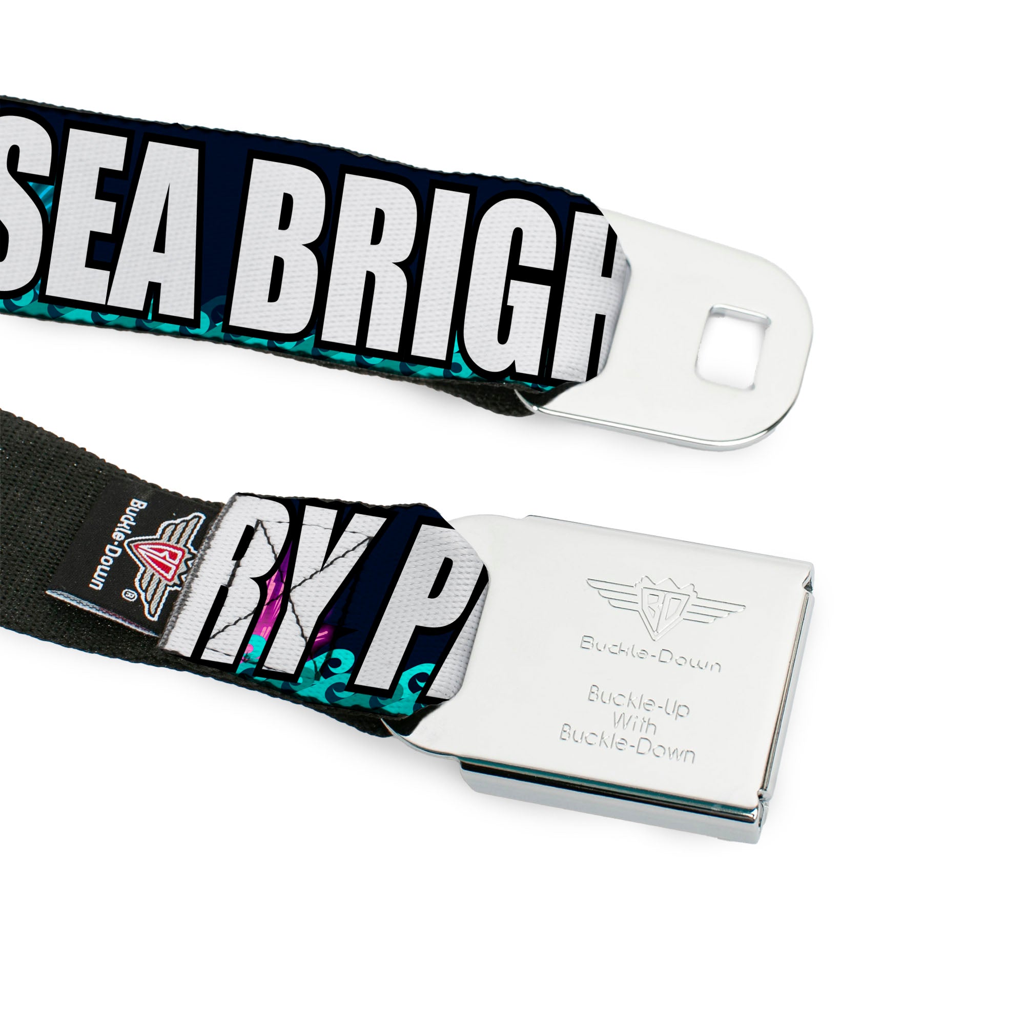 BD Wings Logo CLOSE-UP Full Color Black Silver Seatbelt Belt - New Jersey Shore Towns Black/Multi Color/White Webbing Seatbelt Belts Buckle-Down