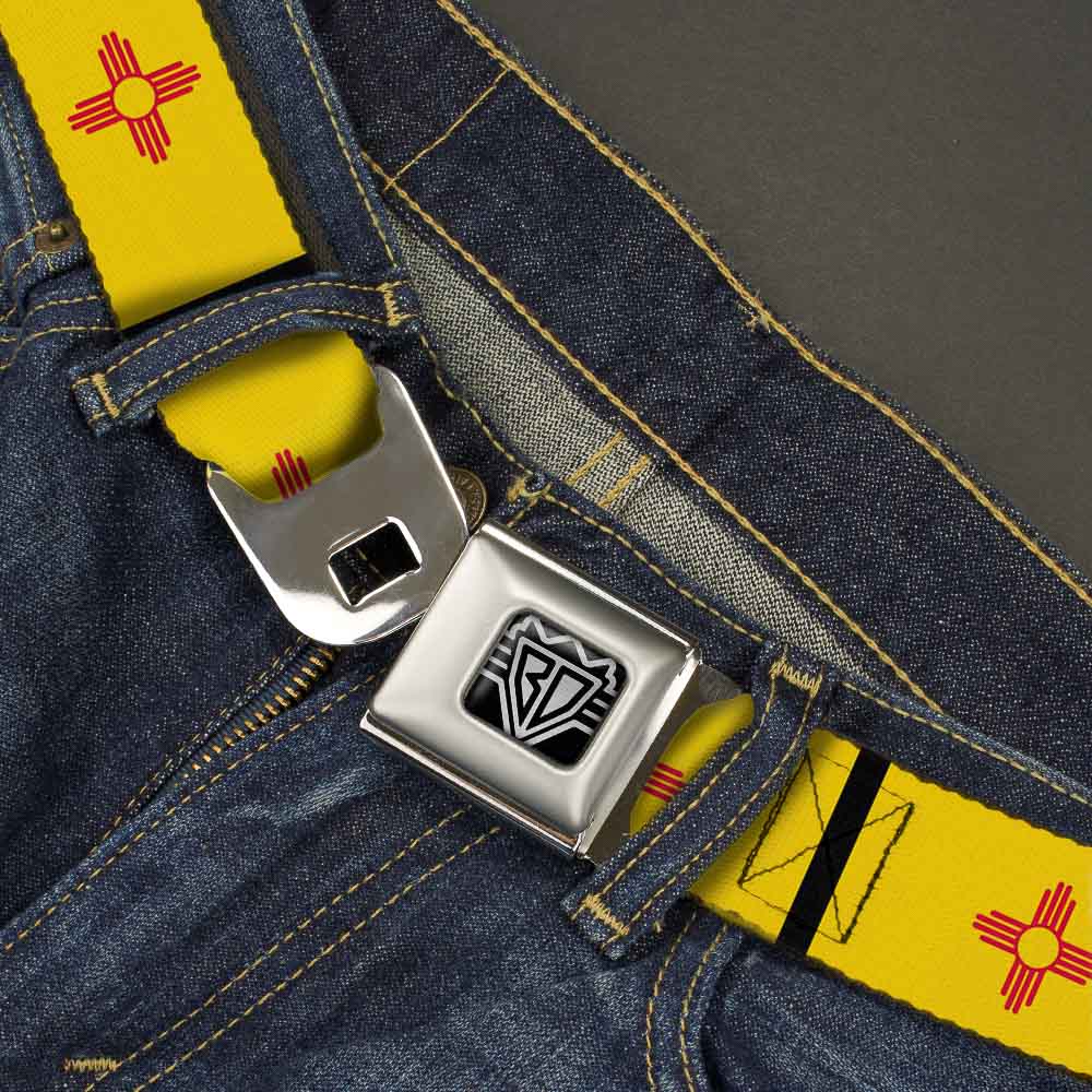 BD Wings Logo CLOSE-UP Full Color Black Silver Seatbelt Belt - New Mexico Flag/Black Webbing Seatbelt Belts Buckle-Down
