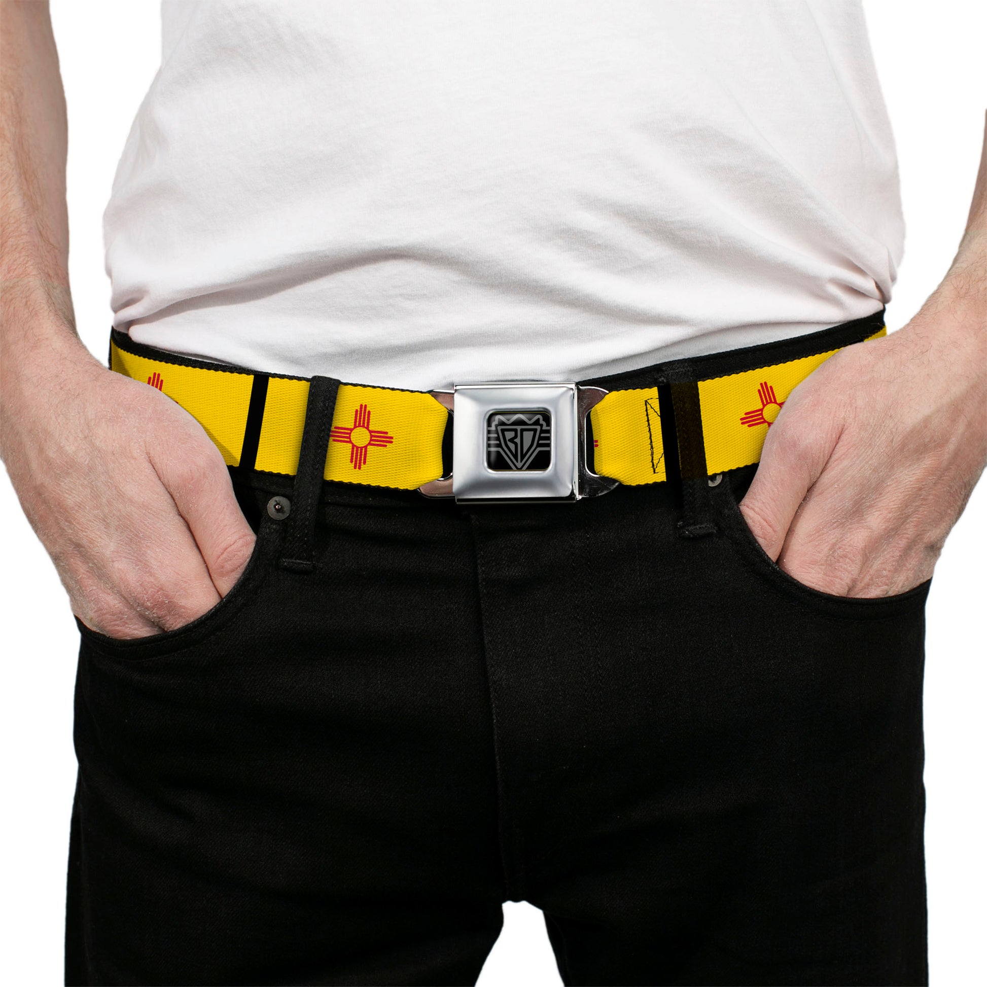 BD Wings Logo CLOSE-UP Full Color Black Silver Seatbelt Belt - New Mexico Flag/Black Webbing Seatbelt Belts Buckle-Down