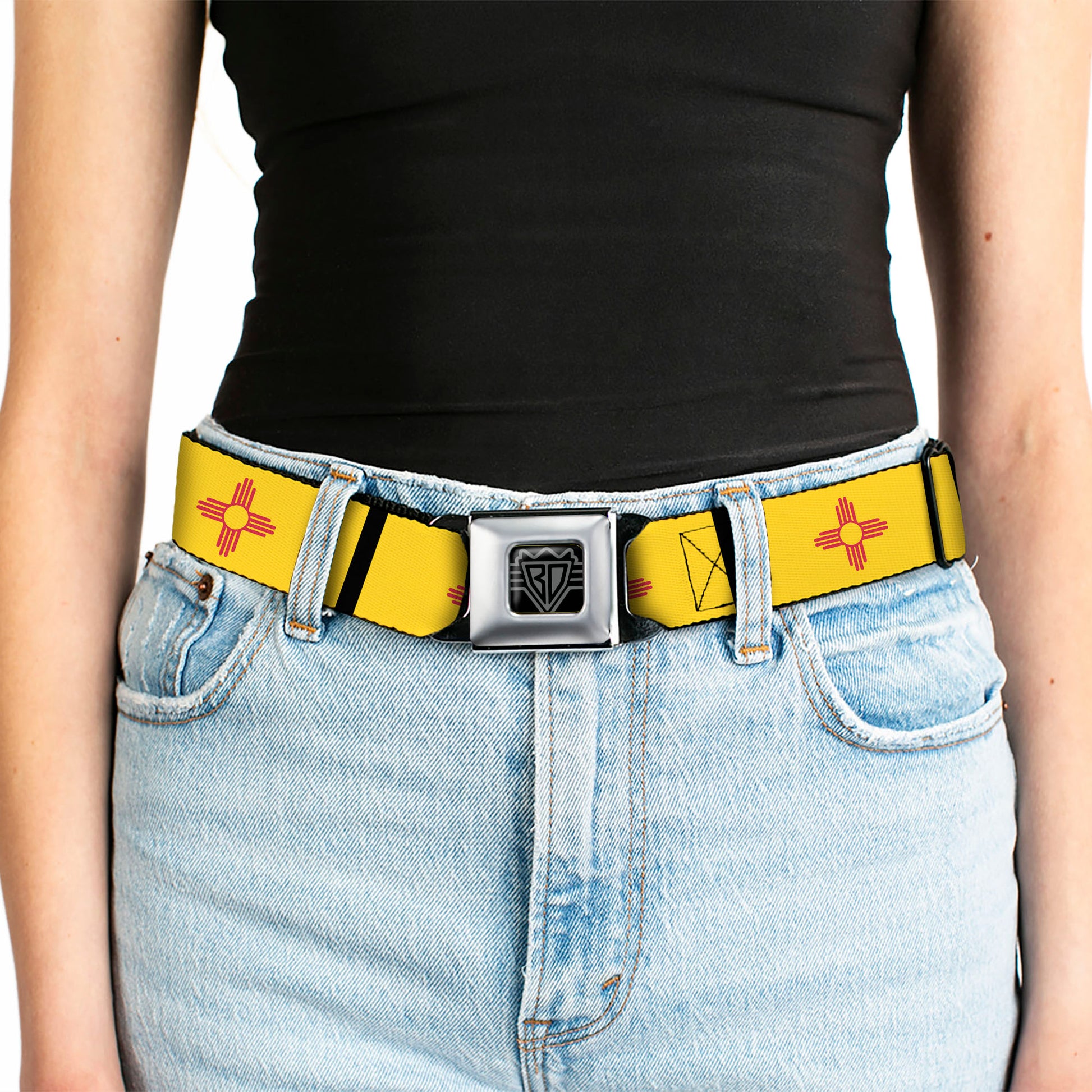 BD Wings Logo CLOSE-UP Full Color Black Silver Seatbelt Belt - New Mexico Flag/Black Webbing Seatbelt Belts Buckle-Down