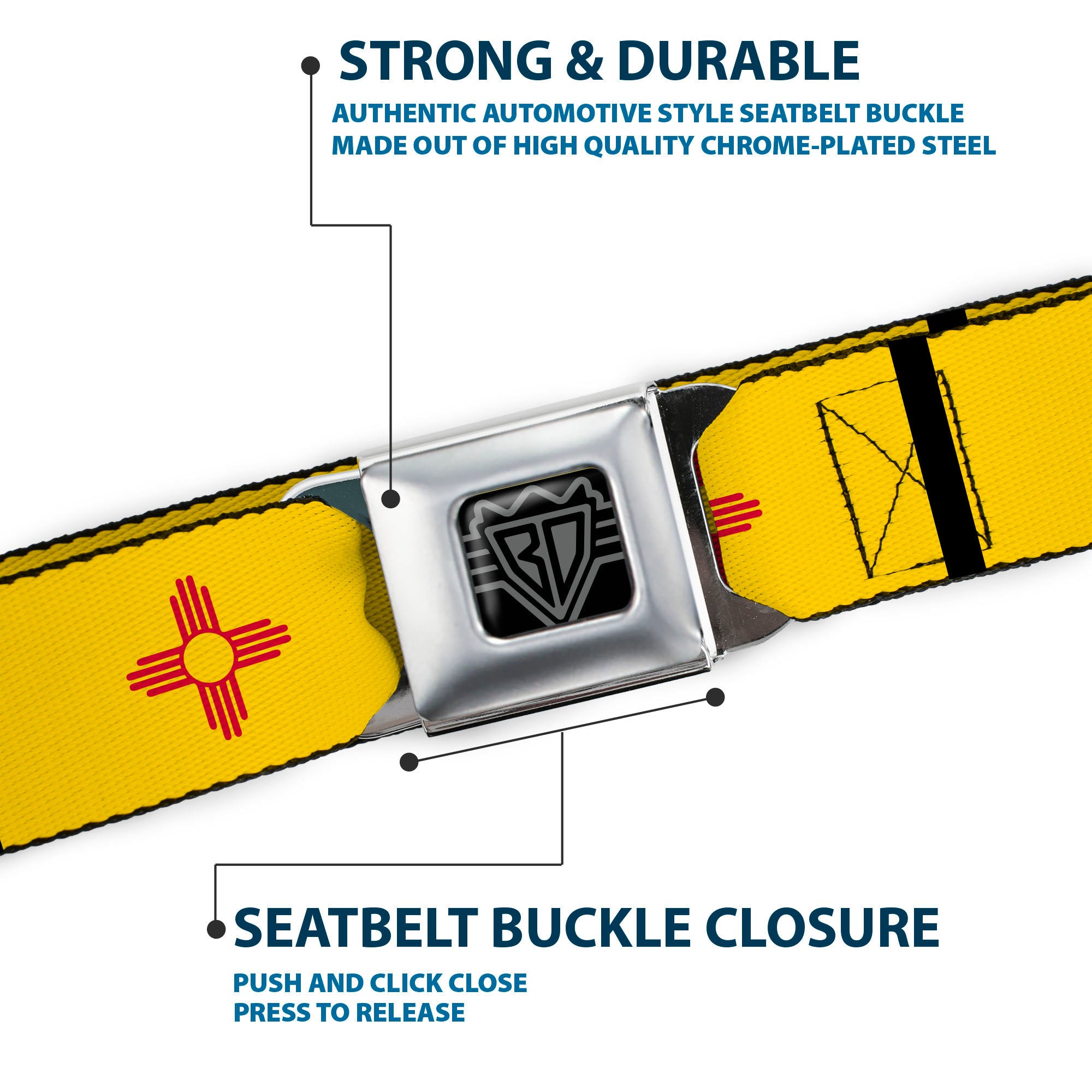BD Wings Logo CLOSE-UP Full Color Black Silver Seatbelt Belt - New Mexico Flag/Black Webbing Seatbelt Belts Buckle-Down