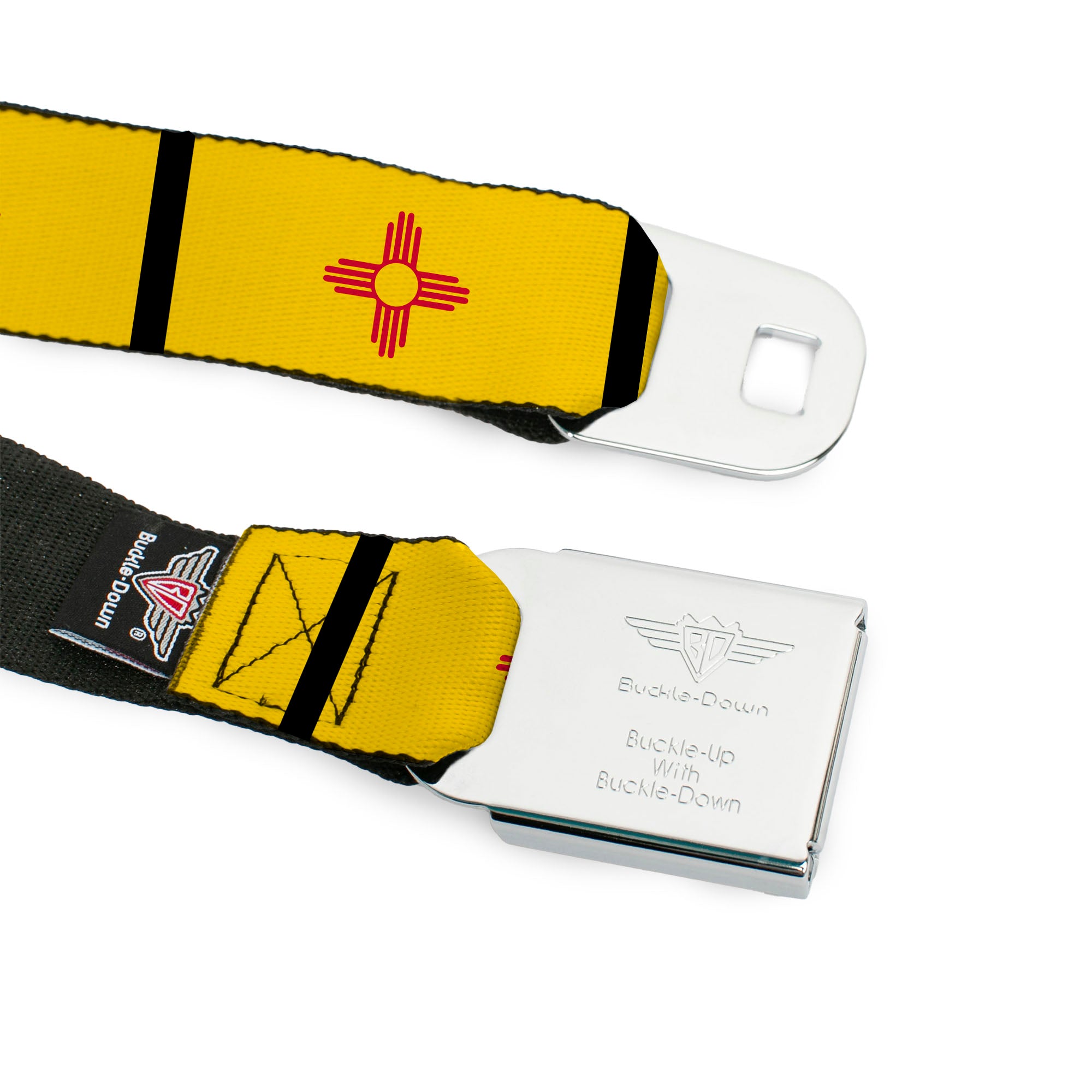 BD Wings Logo CLOSE-UP Full Color Black Silver Seatbelt Belt - New Mexico Flag/Black Webbing Seatbelt Belts Buckle-Down
