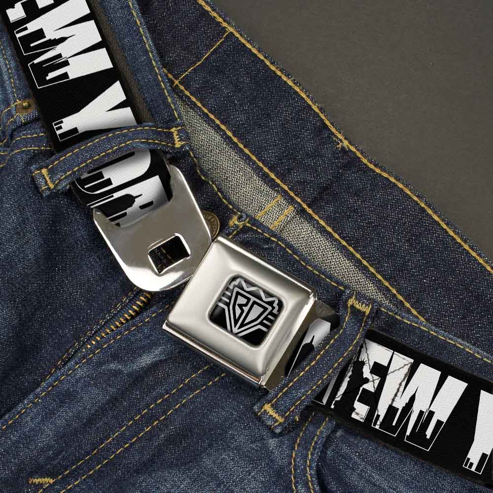 BD Wings Logo CLOSE-UP Full Color Black Silver Seatbelt Belt - NEW YORK Bold/Skyline Silhouette Black/White/Black Webbing Seatbelt Belts Buckle-Down
