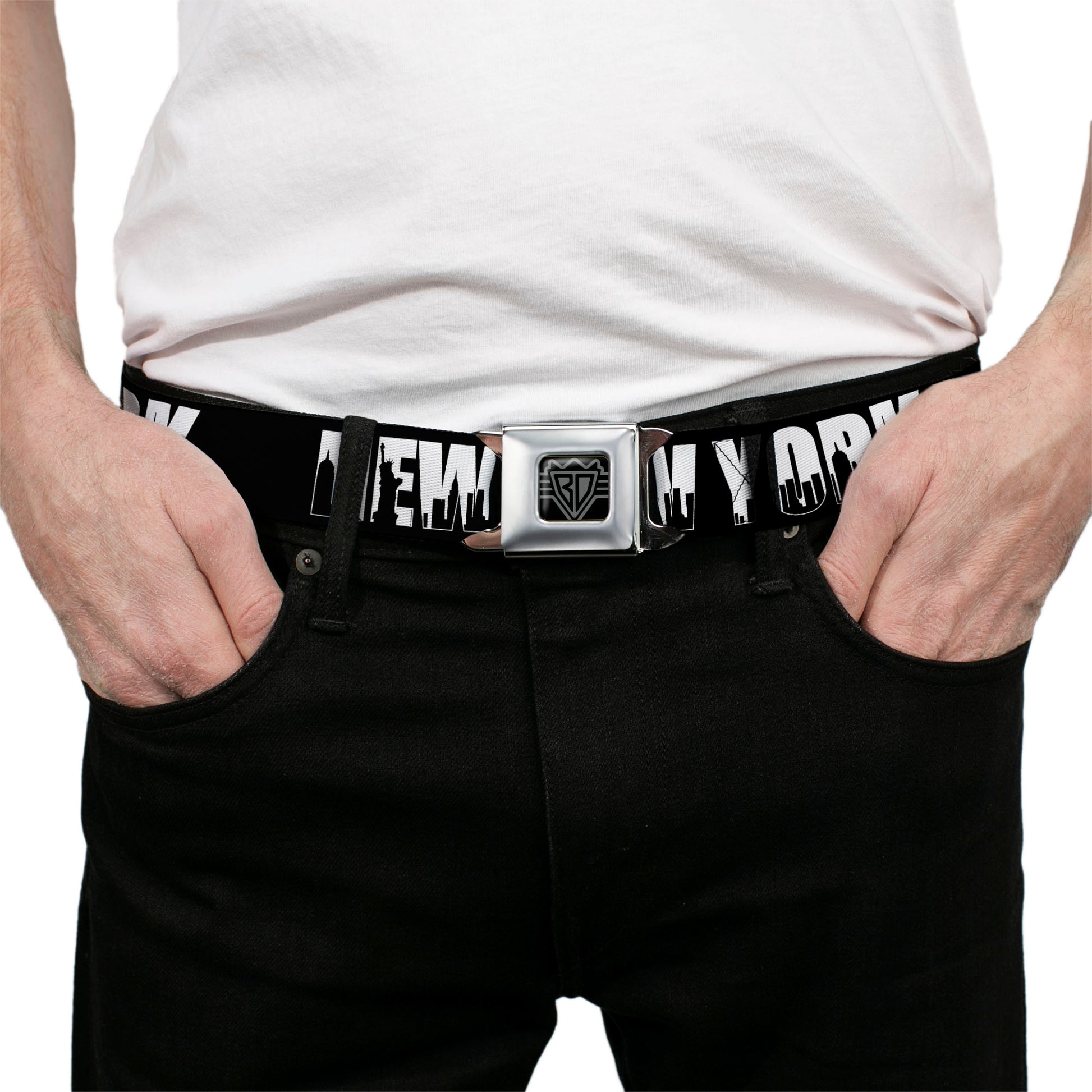 BD Wings Logo CLOSE-UP Full Color Black Silver Seatbelt Belt - NEW YORK Bold/Skyline Silhouette Black/White/Black Webbing Seatbelt Belts Buckle-Down