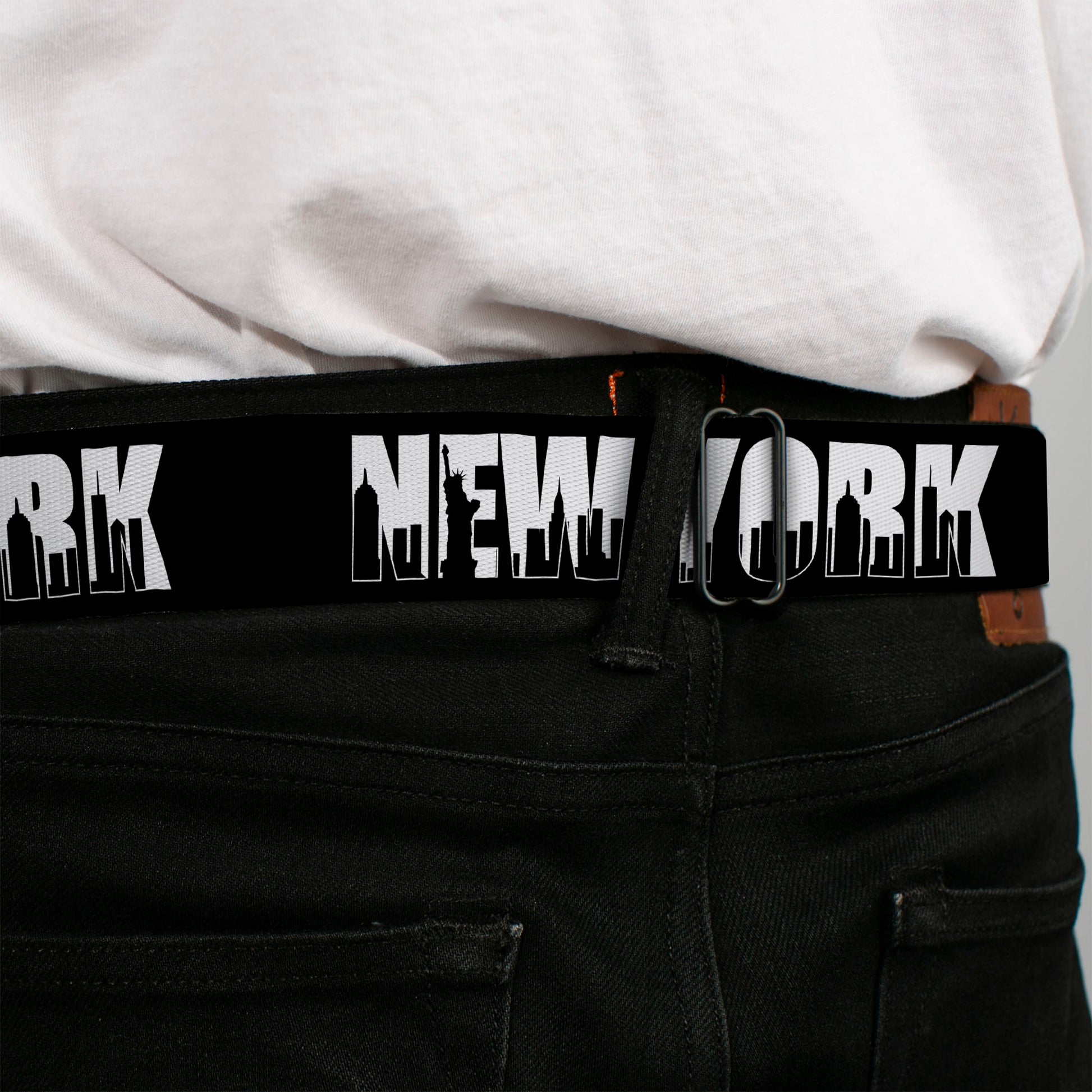 BD Wings Logo CLOSE-UP Full Color Black Silver Seatbelt Belt - NEW YORK Bold/Skyline Silhouette Black/White/Black Webbing Seatbelt Belts Buckle-Down