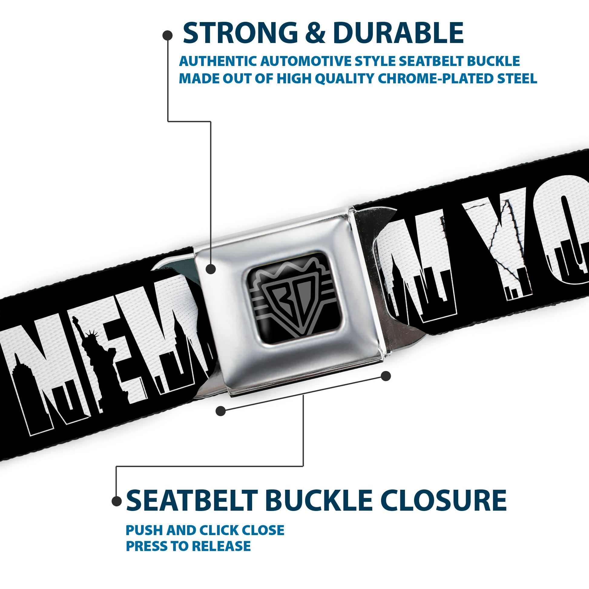 BD Wings Logo CLOSE-UP Full Color Black Silver Seatbelt Belt - NEW YORK Bold/Skyline Silhouette Black/White/Black Webbing Seatbelt Belts Buckle-Down