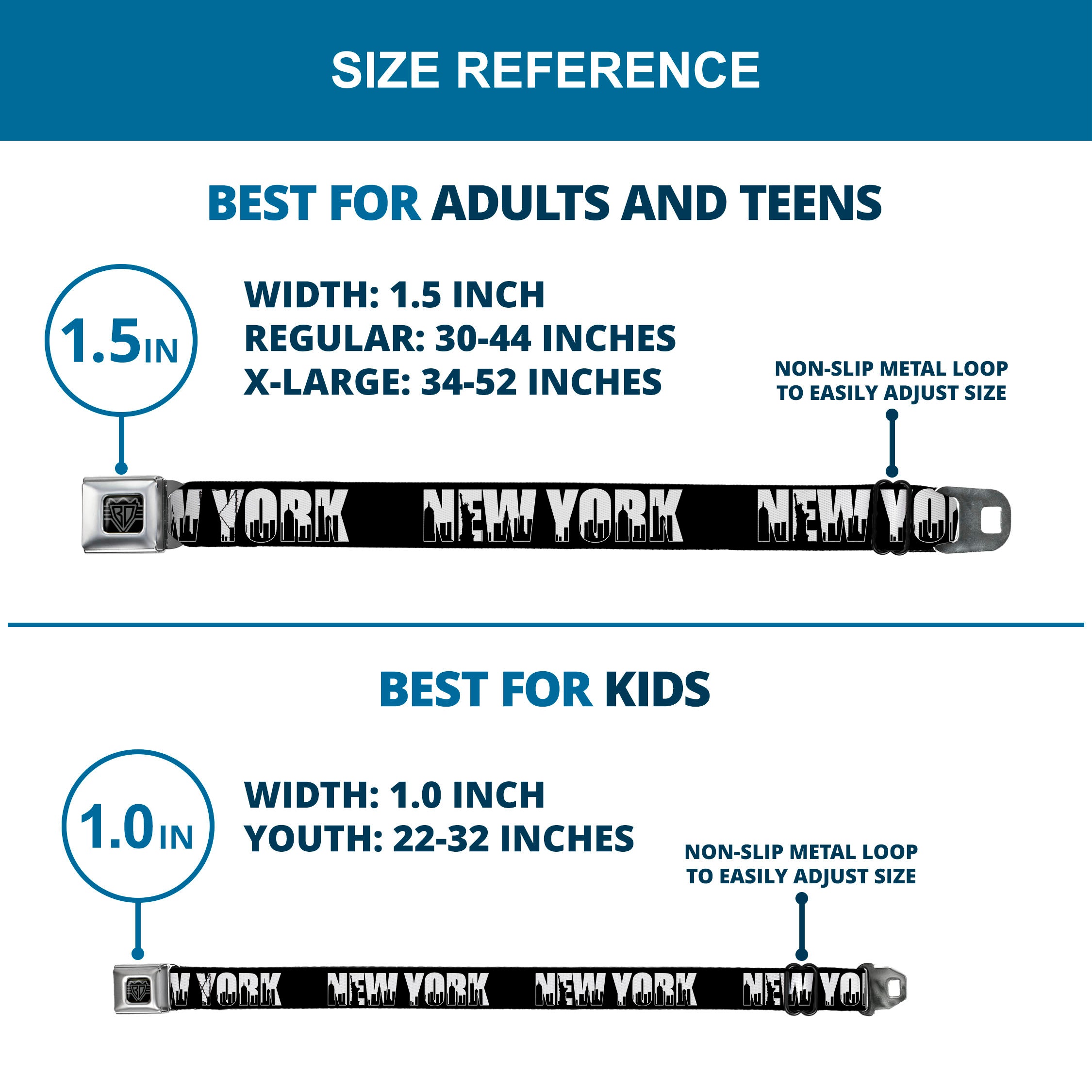 BD Wings Logo CLOSE-UP Full Color Black Silver Seatbelt Belt - NEW YORK Bold/Skyline Silhouette Black/White/Black Webbing Seatbelt Belts Buckle-Down