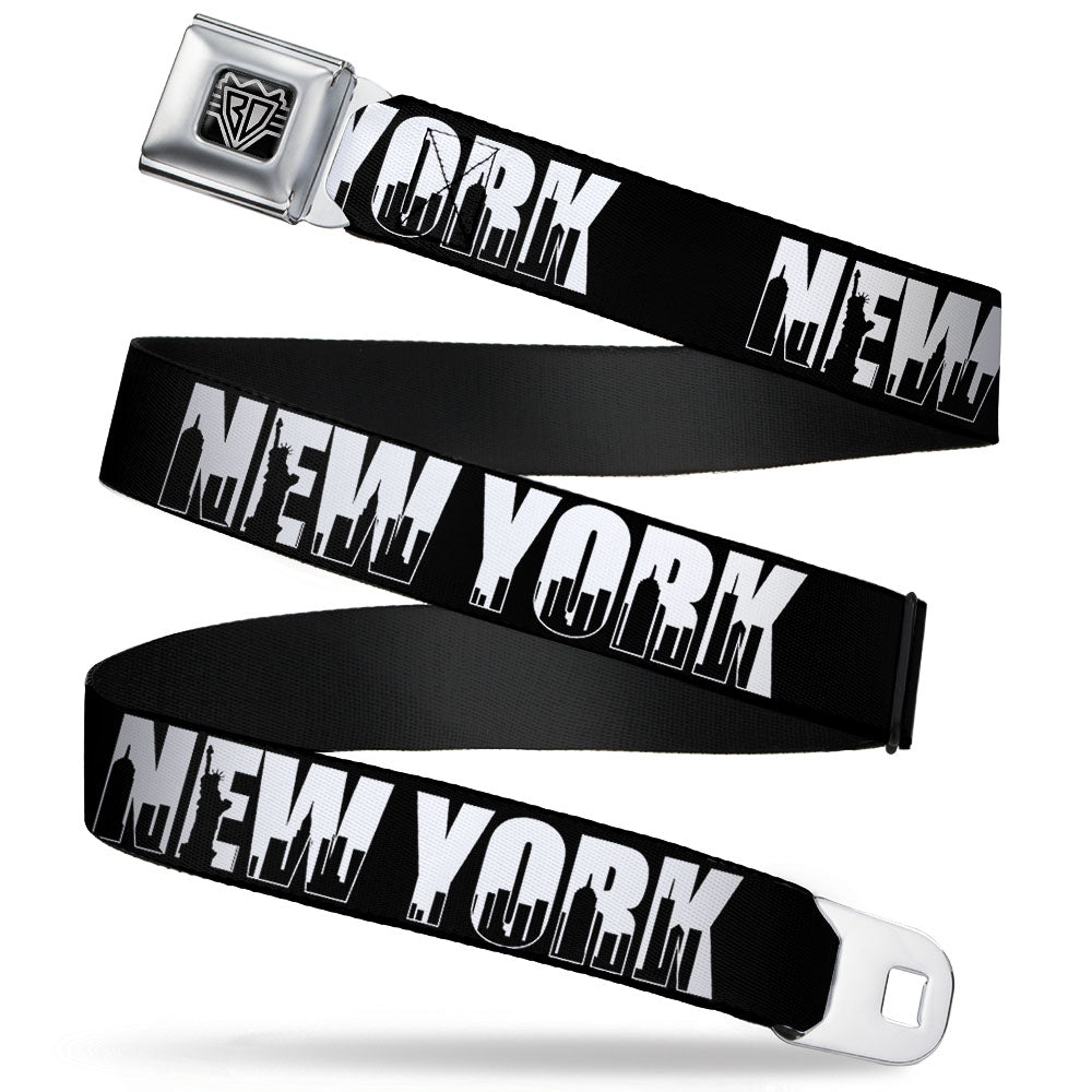 BD Wings Logo CLOSE-UP Full Color Black Silver Seatbelt Belt - NEW YORK Bold/Skyline Silhouette Black/White/Black Webbing Seatbelt Belts Buckle-Down