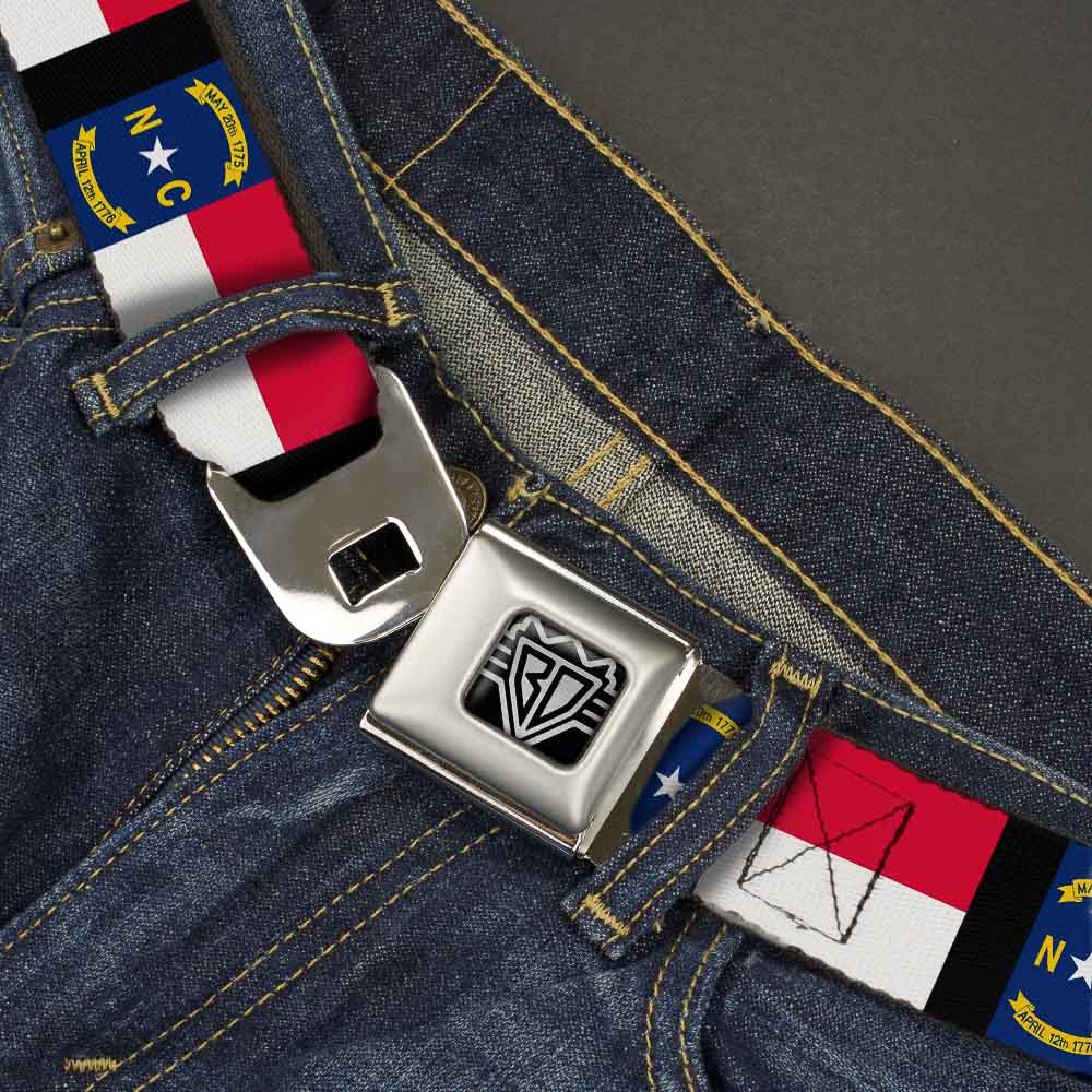 BD Wings Logo CLOSE-UP Full Color Black Silver Seatbelt Belt - North Carolina Flag/Black Webbing Seatbelt Belts Buckle-Down