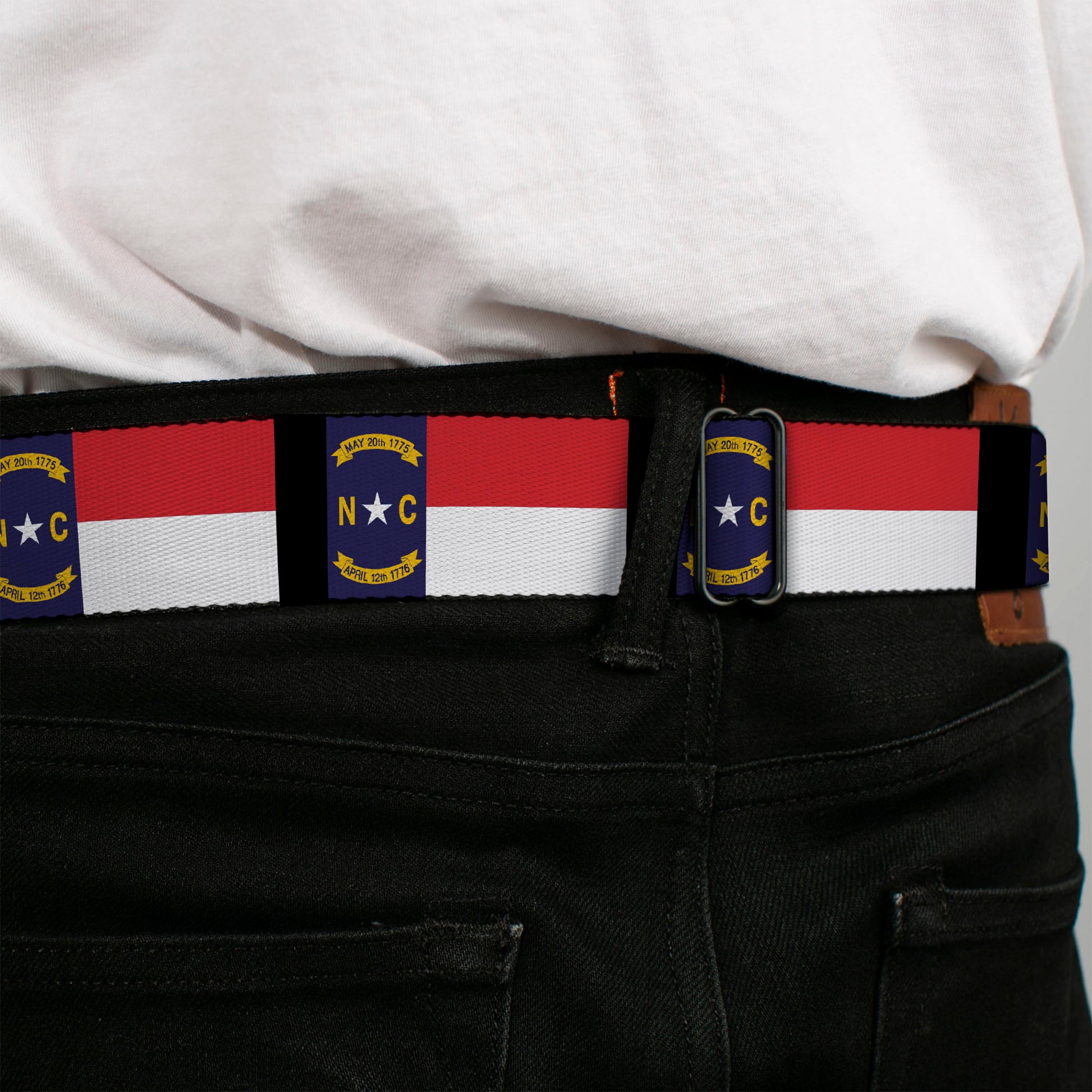 BD Wings Logo CLOSE-UP Full Color Black Silver Seatbelt Belt - North Carolina Flag/Black Webbing Seatbelt Belts Buckle-Down