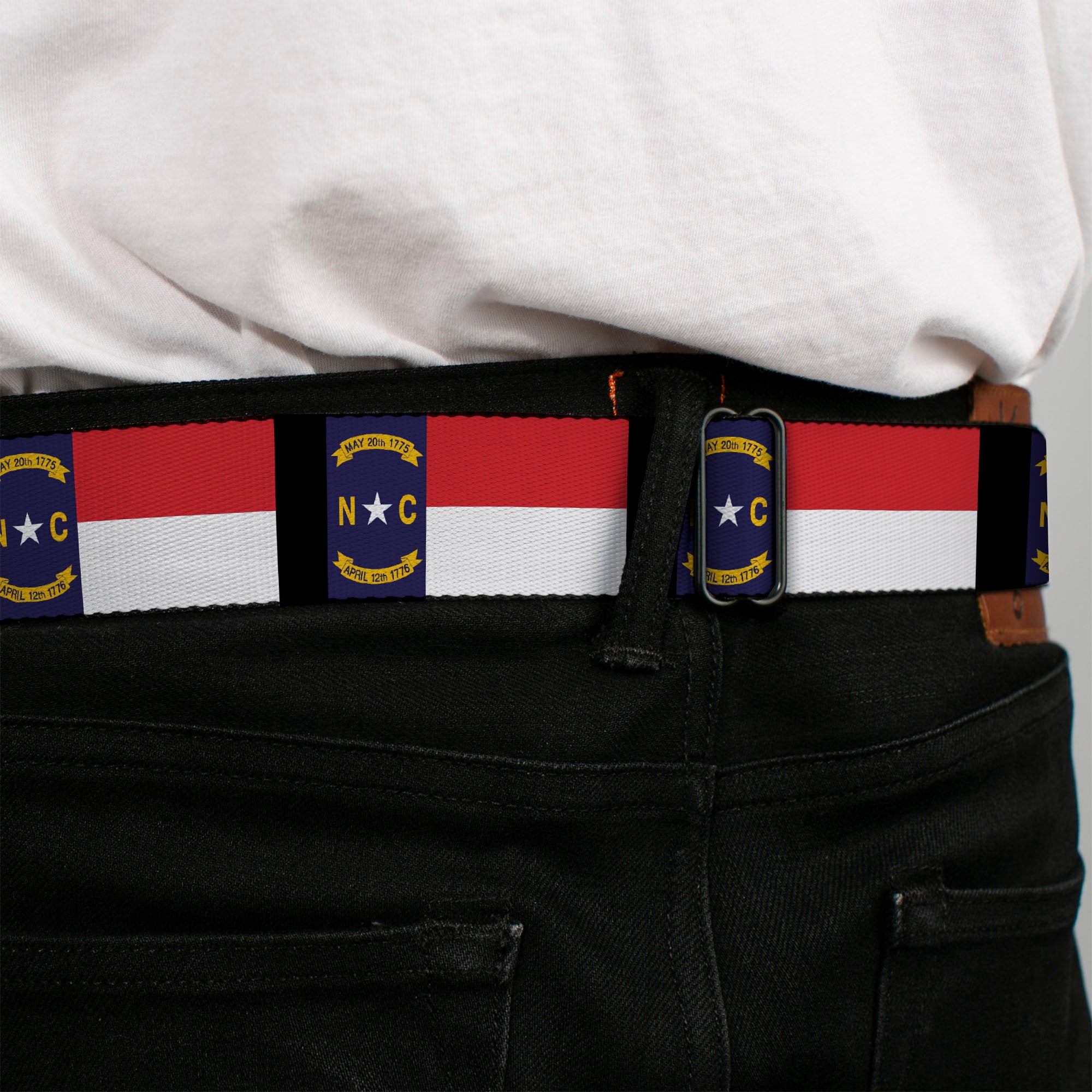 BD Wings Logo CLOSE-UP Full Color Black Silver Seatbelt Belt - North Carolina Flag/Black Webbing Seatbelt Belts Buckle-Down