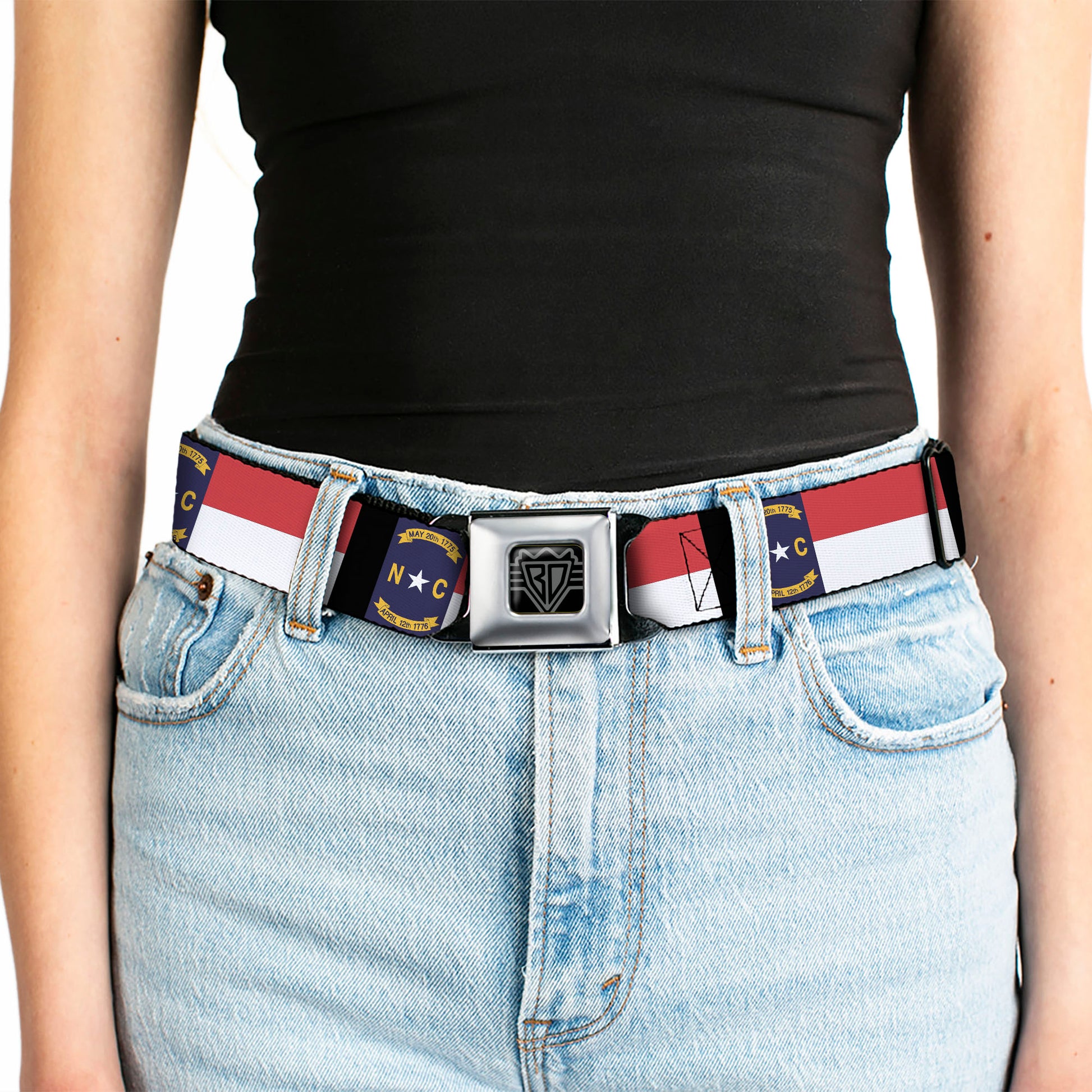 BD Wings Logo CLOSE-UP Full Color Black Silver Seatbelt Belt - North Carolina Flag/Black Webbing Seatbelt Belts Buckle-Down