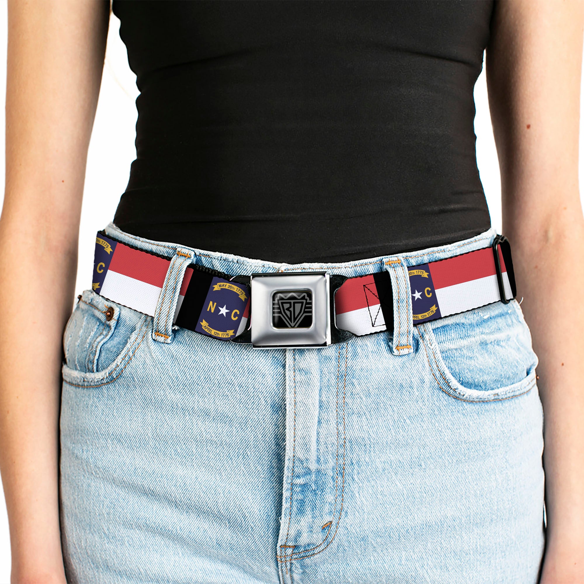 BD Wings Logo CLOSE-UP Full Color Black Silver Seatbelt Belt - North Carolina Flag/Black Webbing Seatbelt Belts Buckle-Down