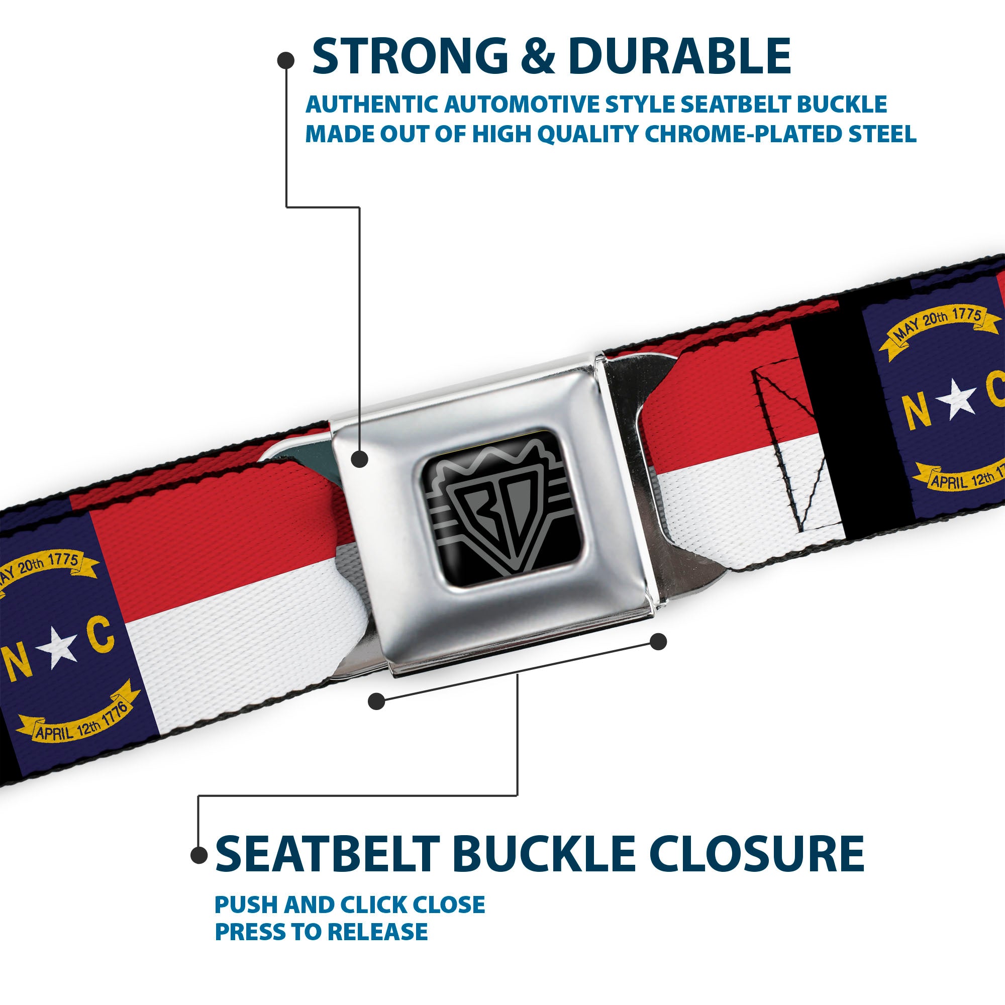 BD Wings Logo CLOSE-UP Full Color Black Silver Seatbelt Belt - North Carolina Flag/Black Webbing Seatbelt Belts Buckle-Down