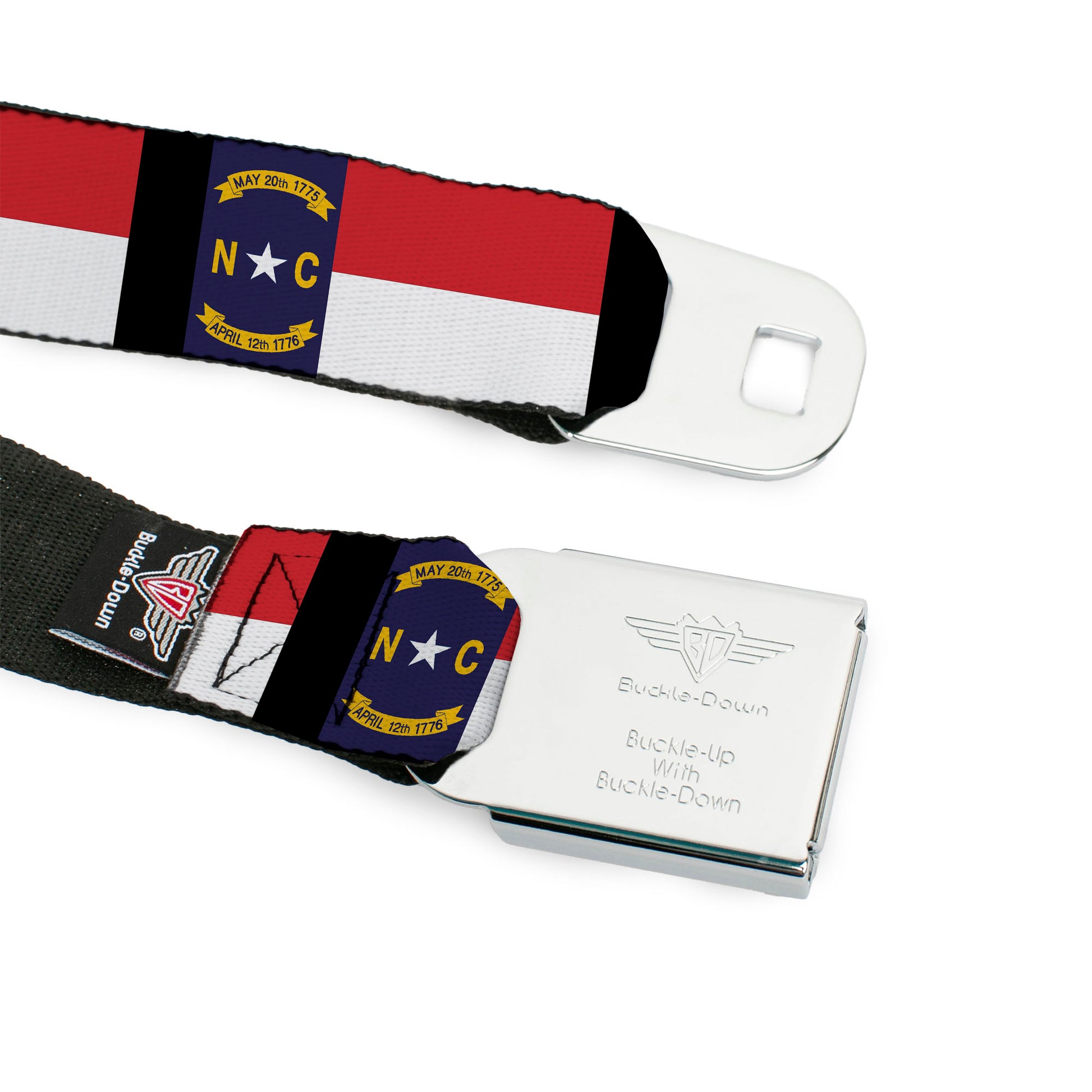 BD Wings Logo CLOSE-UP Full Color Black Silver Seatbelt Belt - North Carolina Flag/Black Webbing Seatbelt Belts Buckle-Down