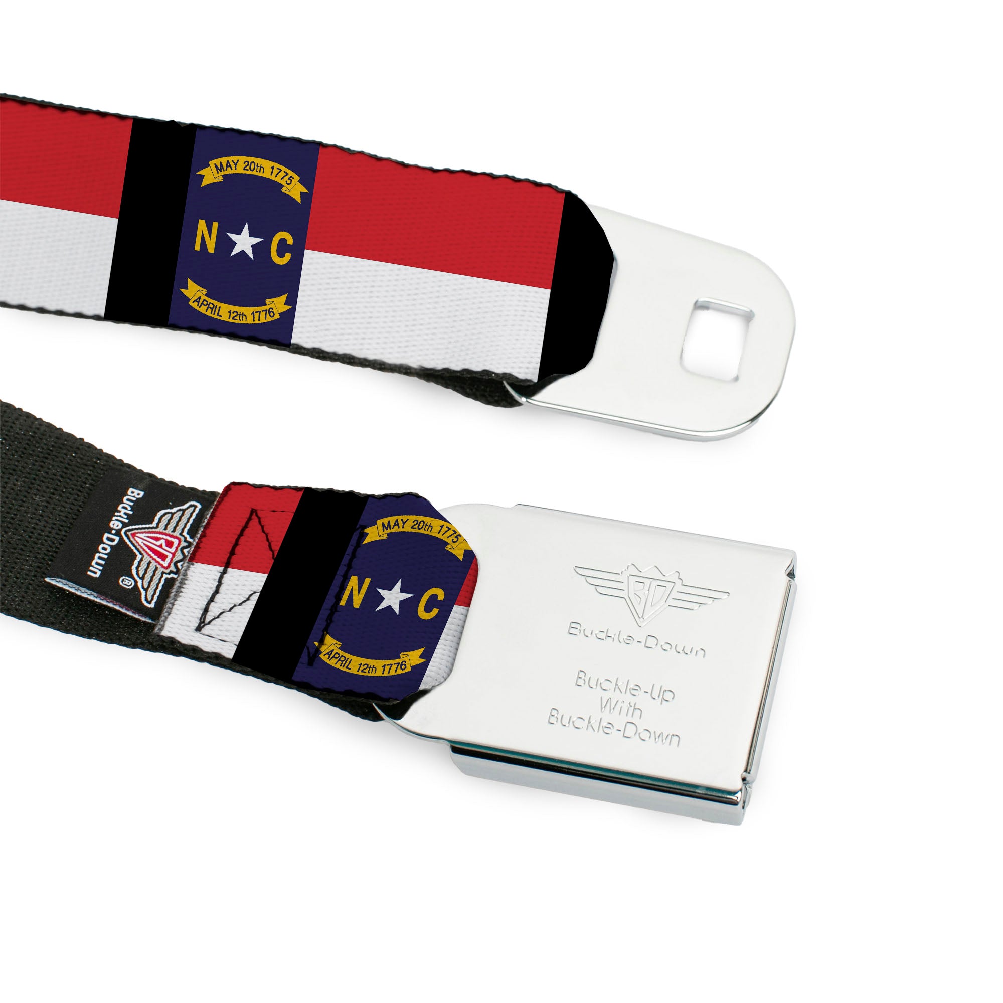 BD Wings Logo CLOSE-UP Full Color Black Silver Seatbelt Belt - North Carolina Flag/Black Webbing Seatbelt Belts Buckle-Down