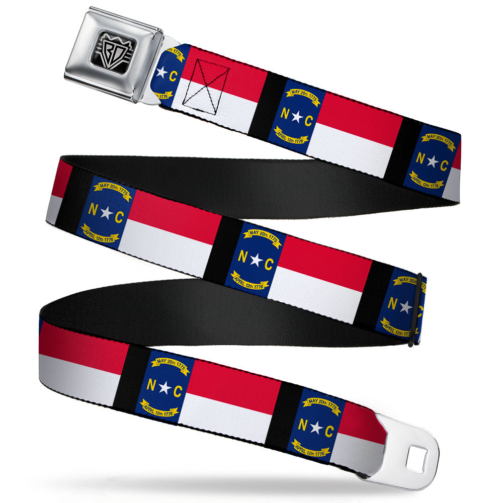 BD Wings Logo CLOSE-UP Full Color Black Silver Seatbelt Belt - North Carolina Flag/Black Webbing Seatbelt Belts Buckle-Down