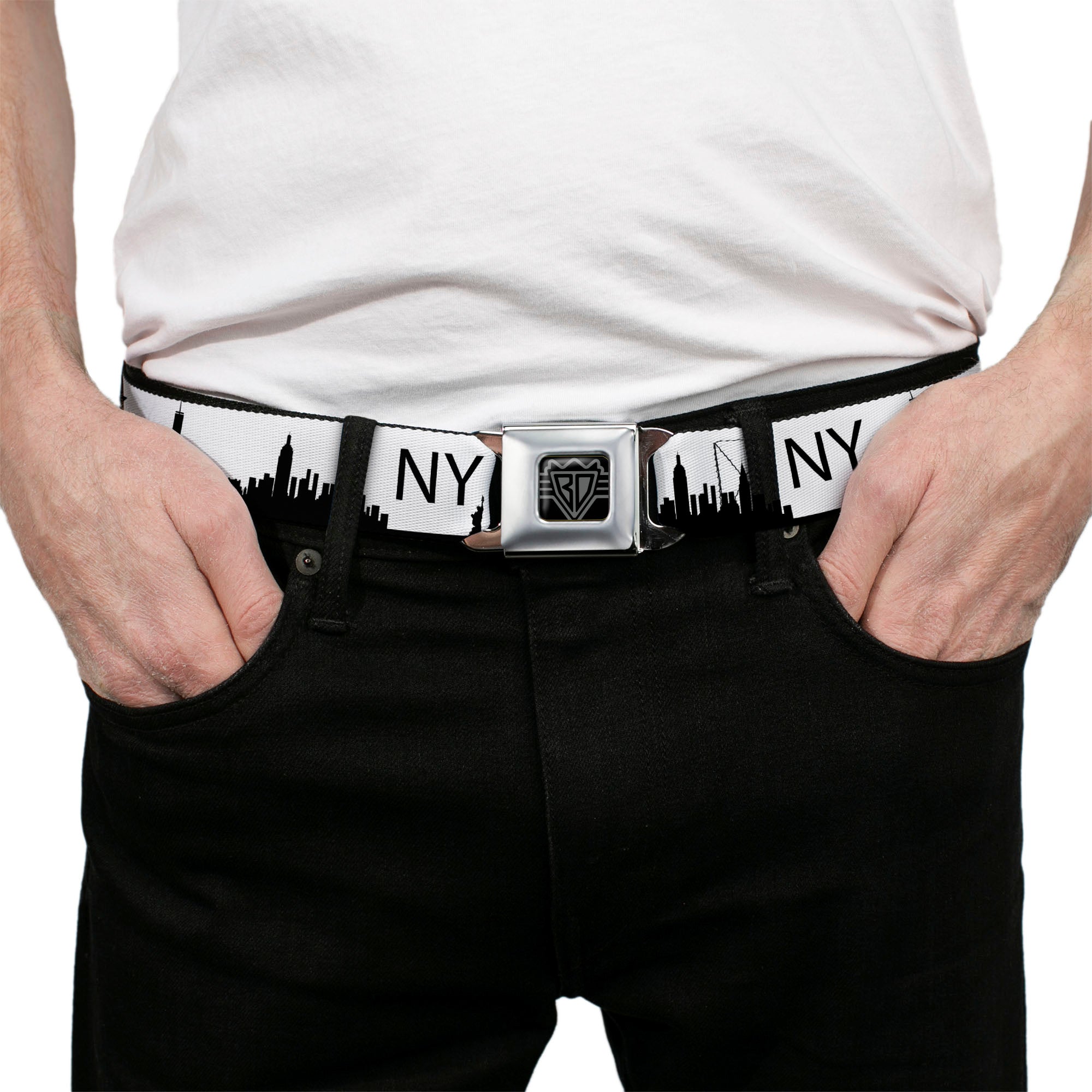 BD Wings Logo CLOSE-UP Full Color Black Silver Seatbelt Belt - New York City Solid Skyline/NY White/Black Webbing Seatbelt Belts Buckle-Down