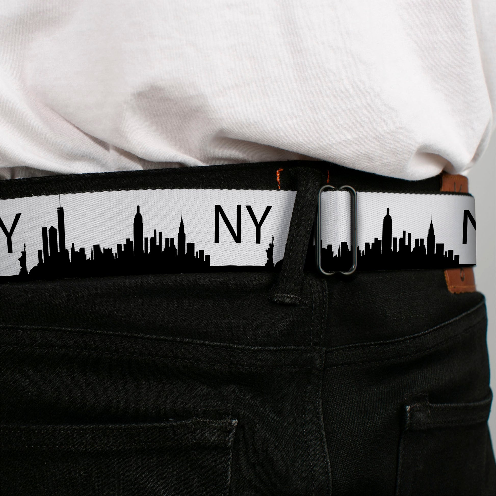 BD Wings Logo CLOSE-UP Full Color Black Silver Seatbelt Belt - New York City Solid Skyline/NY White/Black Webbing Seatbelt Belts Buckle-Down