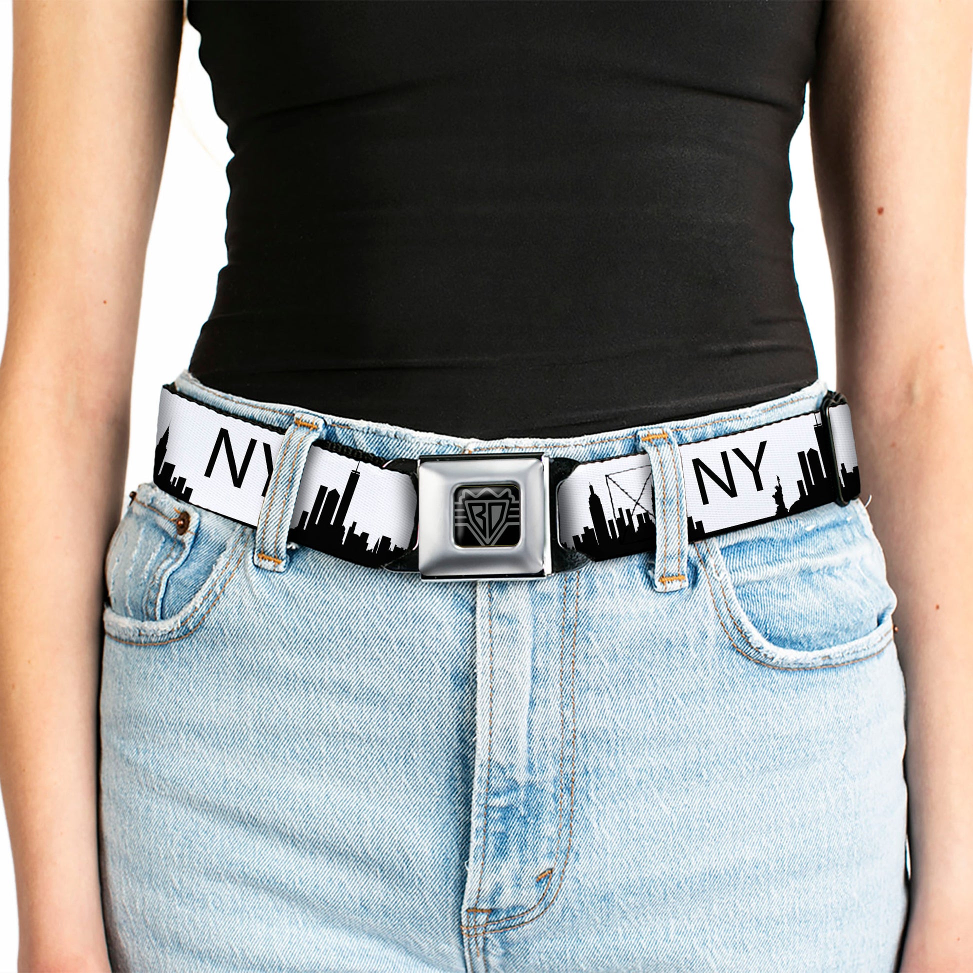 BD Wings Logo CLOSE-UP Full Color Black Silver Seatbelt Belt - New York City Solid Skyline/NY White/Black Webbing Seatbelt Belts Buckle-Down