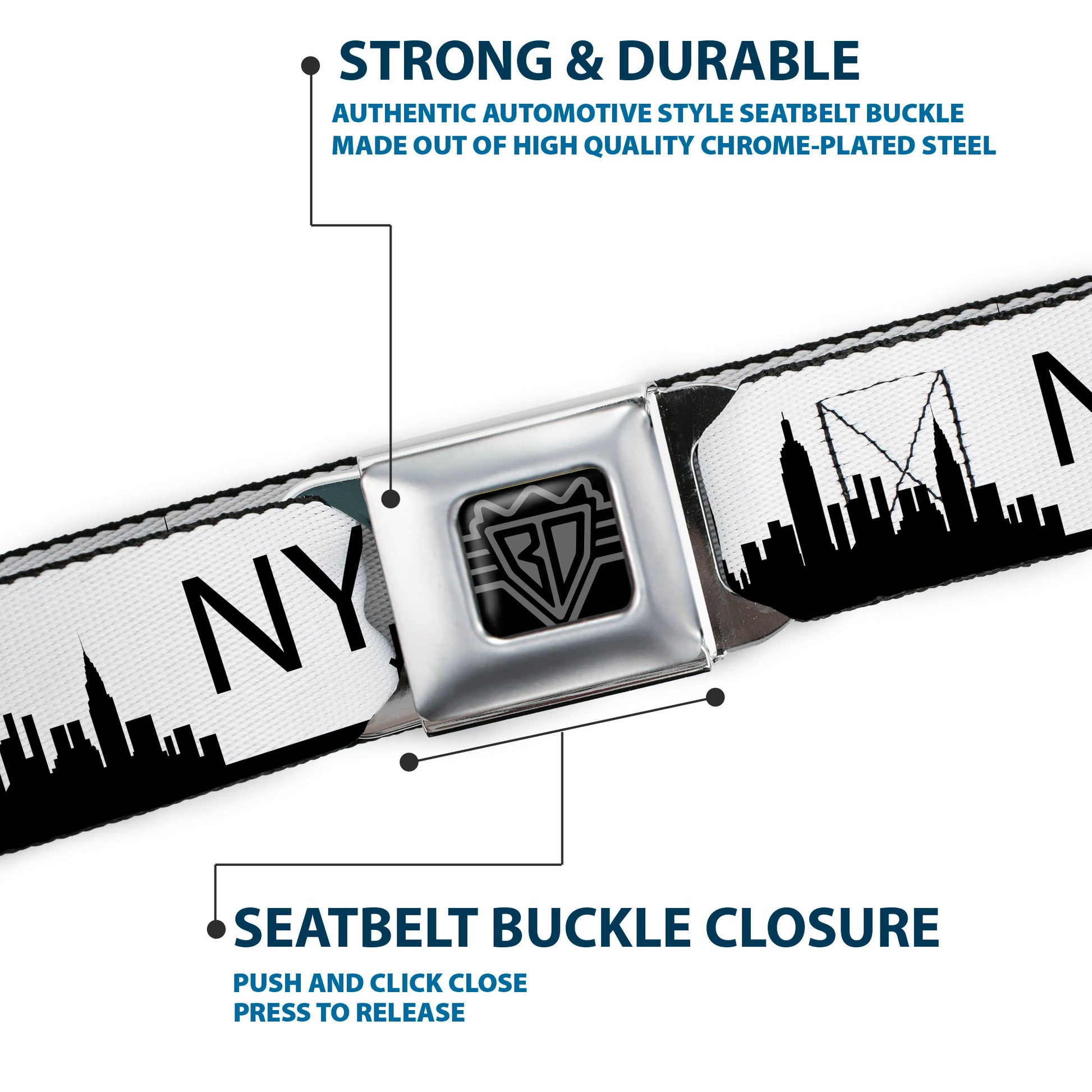 BD Wings Logo CLOSE-UP Full Color Black Silver Seatbelt Belt - New York City Solid Skyline/NY White/Black Webbing Seatbelt Belts Buckle-Down