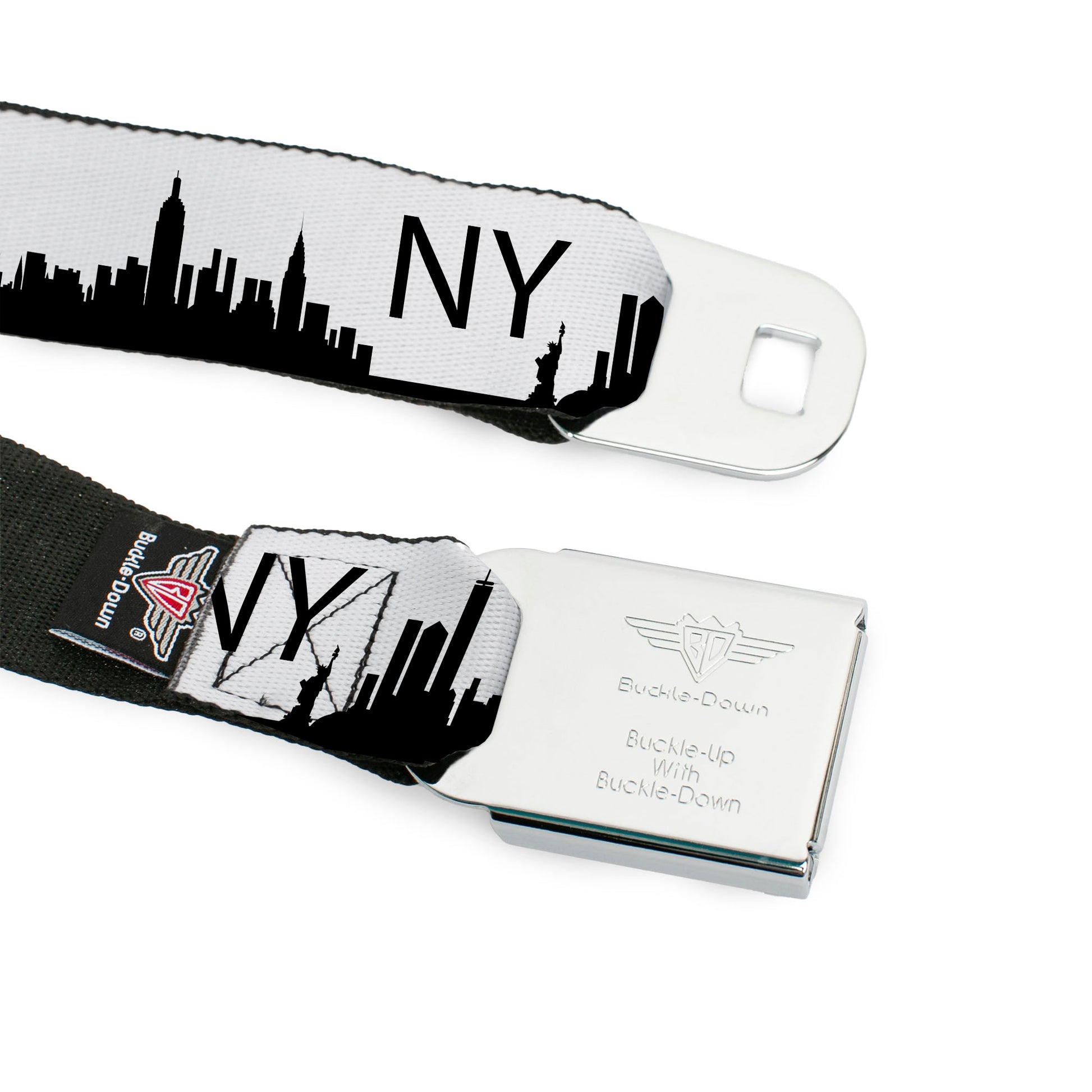 BD Wings Logo CLOSE-UP Full Color Black Silver Seatbelt Belt - New York City Solid Skyline/NY White/Black Webbing Seatbelt Belts Buckle-Down