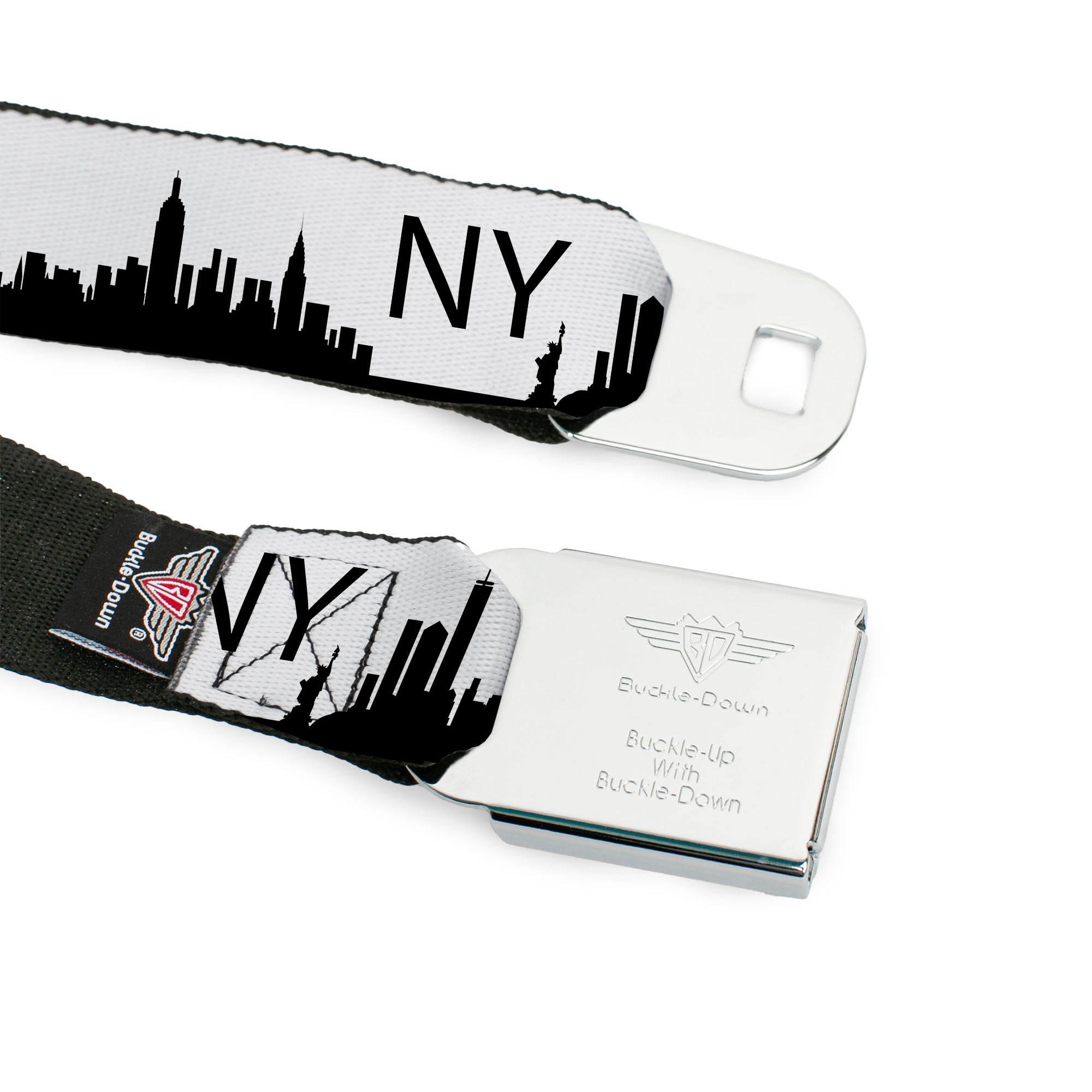 BD Wings Logo CLOSE-UP Full Color Black Silver Seatbelt Belt - New York City Solid Skyline/NY White/Black Webbing Seatbelt Belts Buckle-Down
