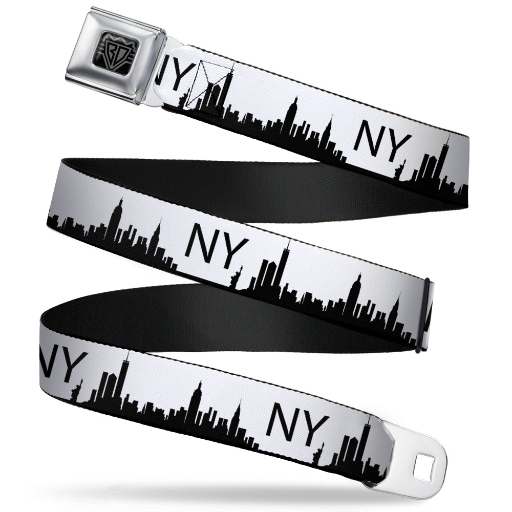BD Wings Logo CLOSE-UP Full Color Black Silver Seatbelt Belt - New York City Solid Skyline/NY White/Black Webbing Seatbelt Belts Buckle-Down
