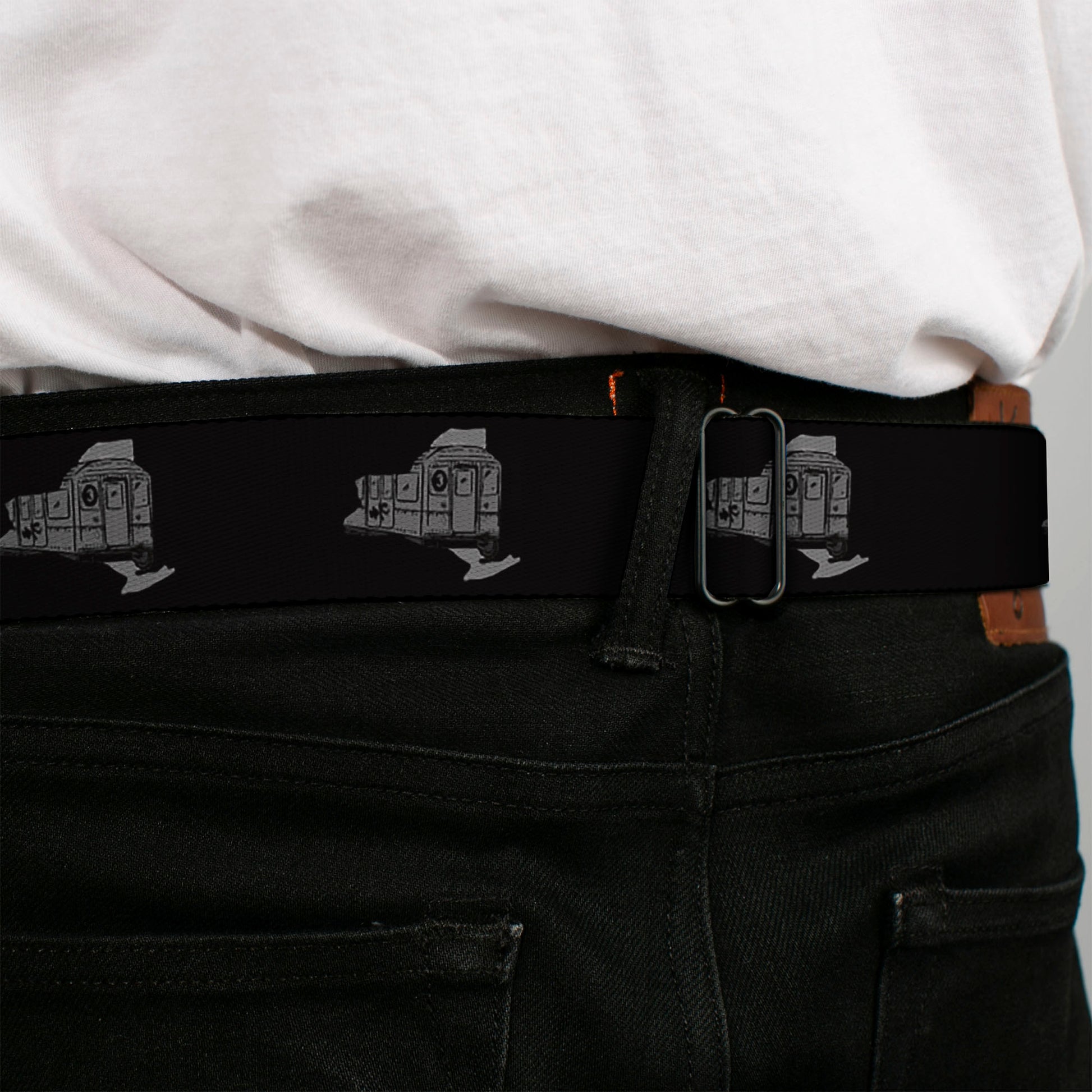 BD Wings Logo CLOSE-UP Black/Silver Seatbelt Belt - New York State/Subway Train Black/Gray Webbing Seatbelt Belts Buckle-Down