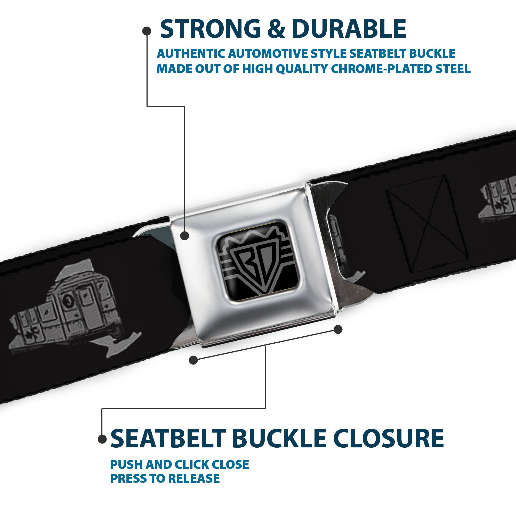 BD Wings Logo CLOSE-UP Black/Silver Seatbelt Belt - New York State/Subway Train Black/Gray Webbing Seatbelt Belts Buckle-Down