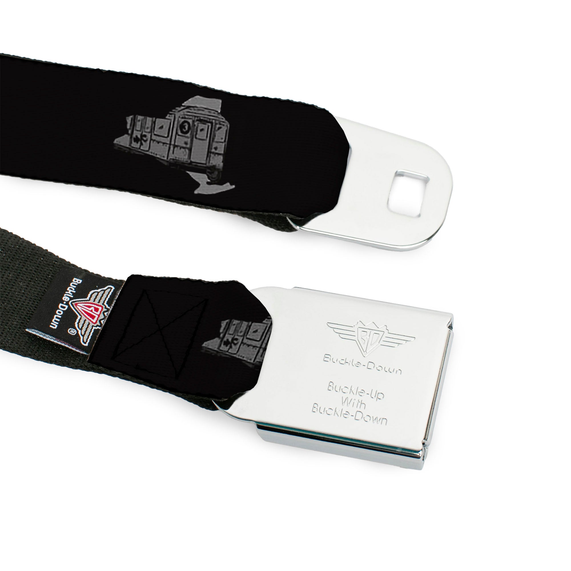 BD Wings Logo CLOSE-UP Black/Silver Seatbelt Belt - New York State/Subway Train Black/Gray Webbing Seatbelt Belts Buckle-Down